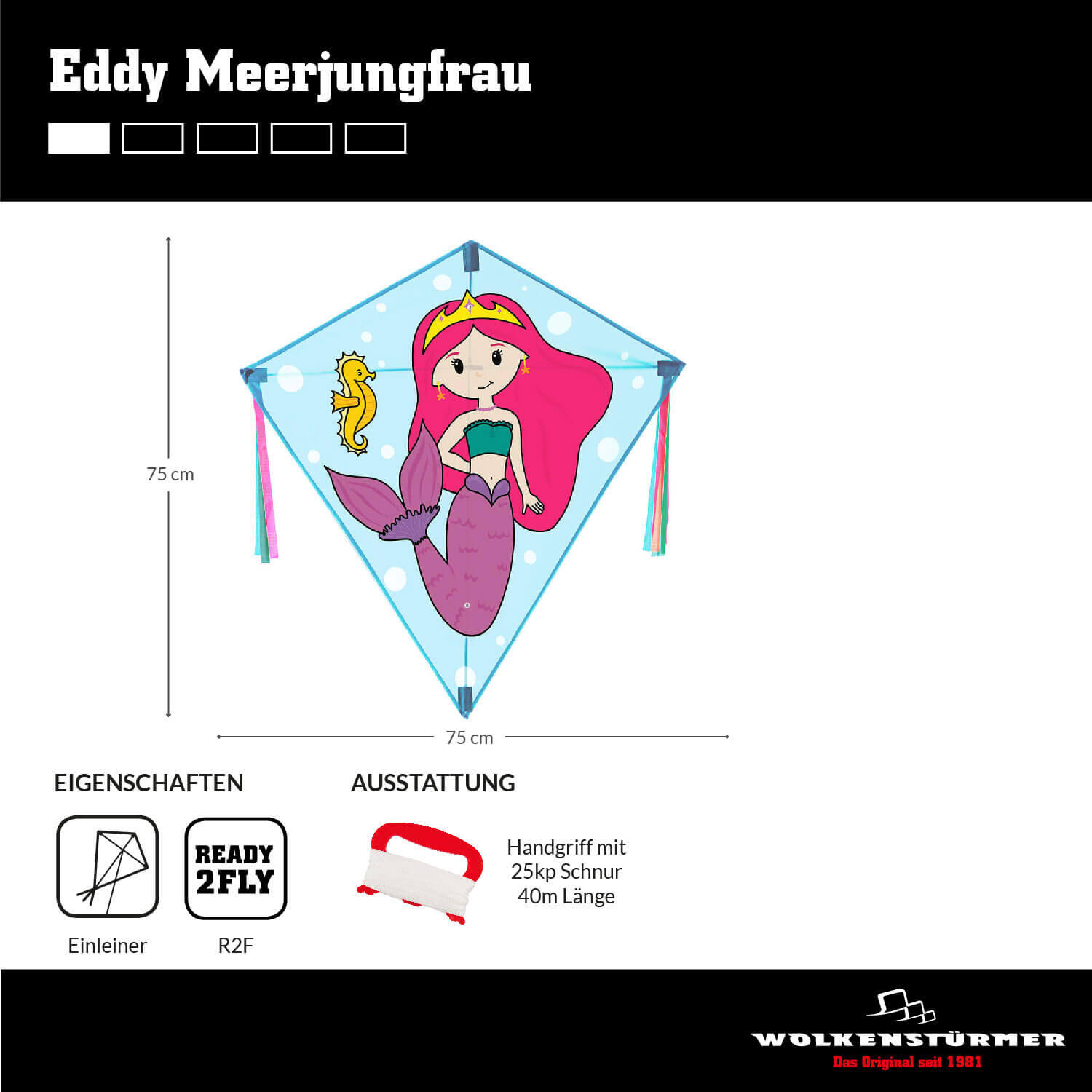 Cometa infantil Wolkensturmer Eddy Sirena 1170 Azul 75 x 75 cm 5/7
