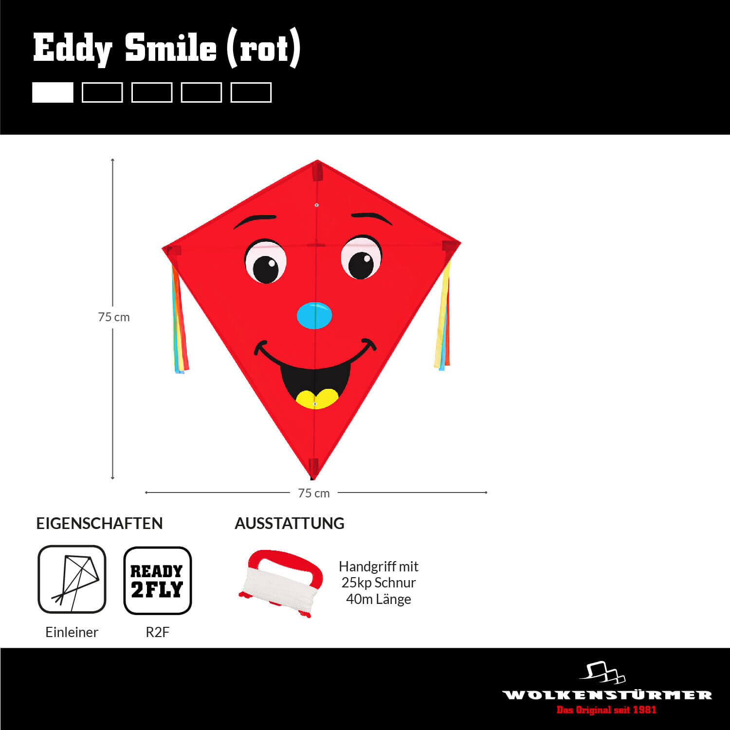 Kinderdrachen Eddy Smile (rot), Einleinerdrachen - flugfertig inkl. Schnur 5/7