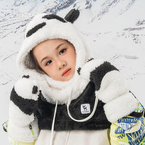 Jupsk Skihandschoenen voor kinderen, waterdicht, snowboardhandschoenen, antislip, pluche voering, warme panda, handschoenen voor 2-5 jaar, peuters, roze