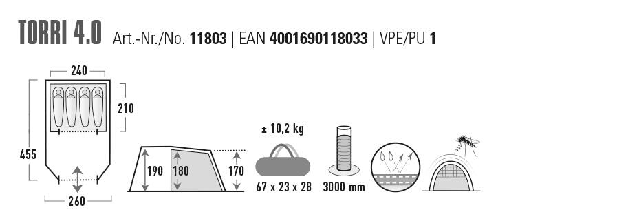 Tenda túnel High Peak Torri 4.0, piso cosido, altura livre de 1,9 m, sem PFC 4/5