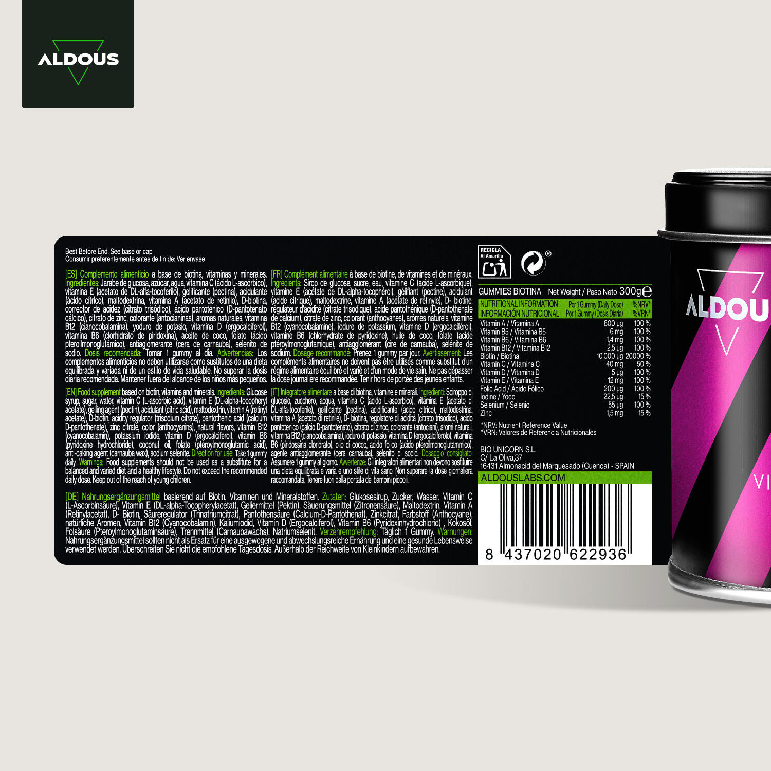Biotina 10.000 mcg gummies Aldous | Acido Folico, Zinc, Selenio, Yodo, Vitaminas 7/7