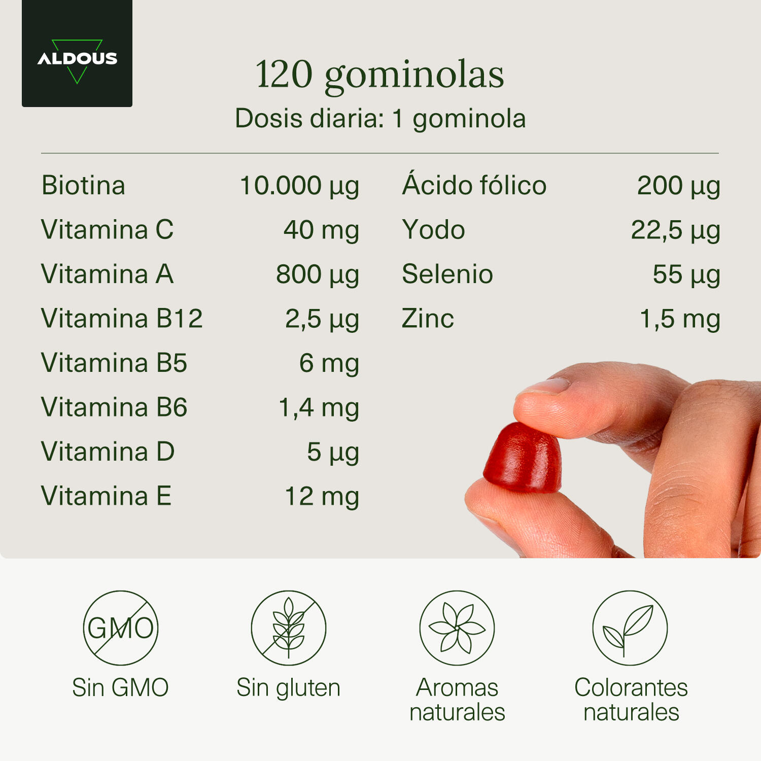 Biotina 10.000 mcg gummies Aldous | Acido Folico, Zinc, Selenio, Yodo, Vitaminas 3/7