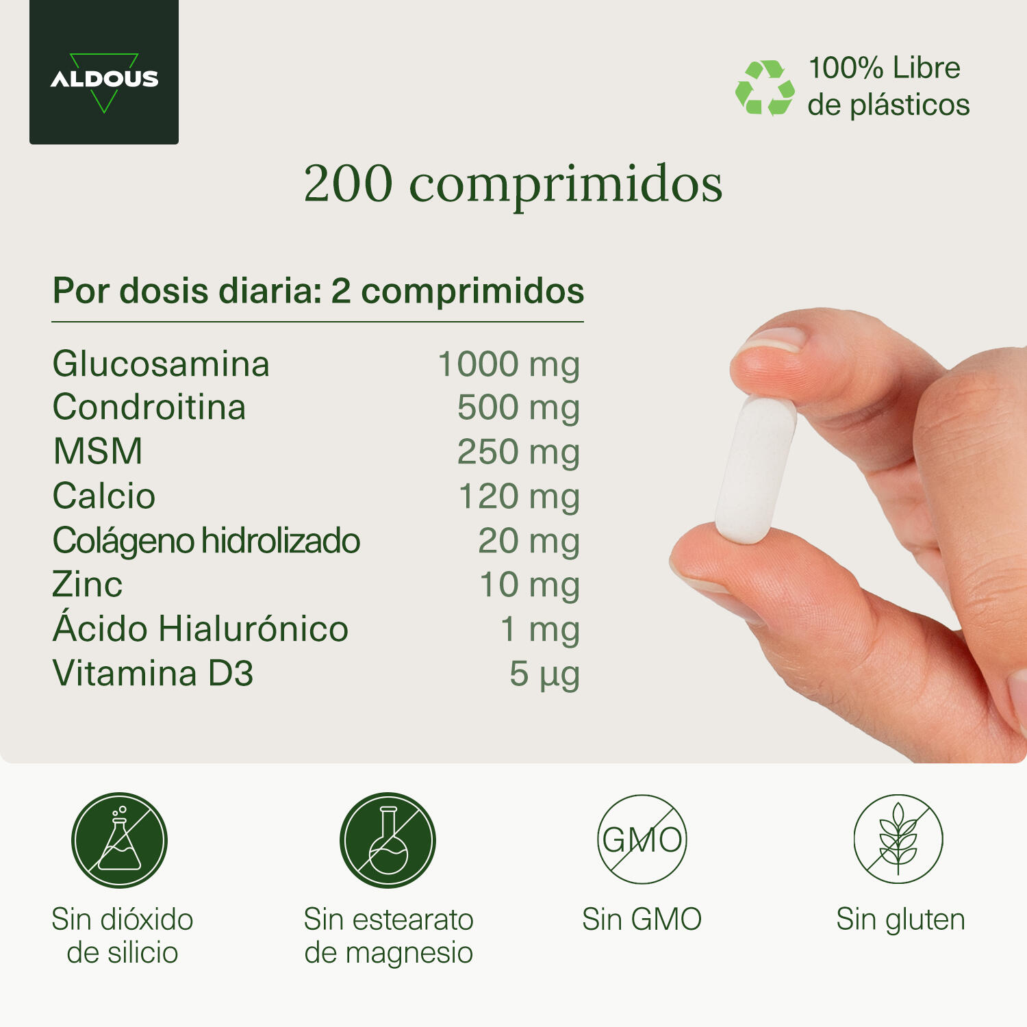 Glucosamina, Condroitina, MSM, Colágeno | 200 comprimidos |  Aldous 3/6