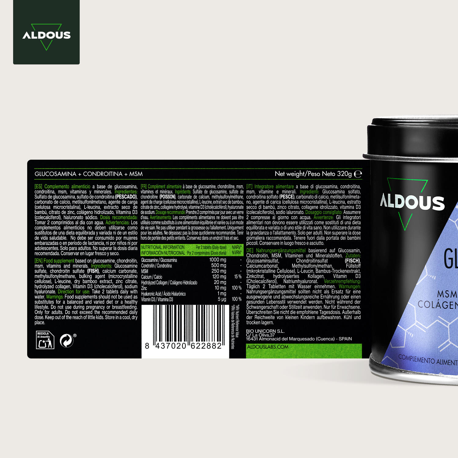 Glucosamina, Condroitina, MSM, Colágeno | 200 comprimidos |  Aldous 6/6