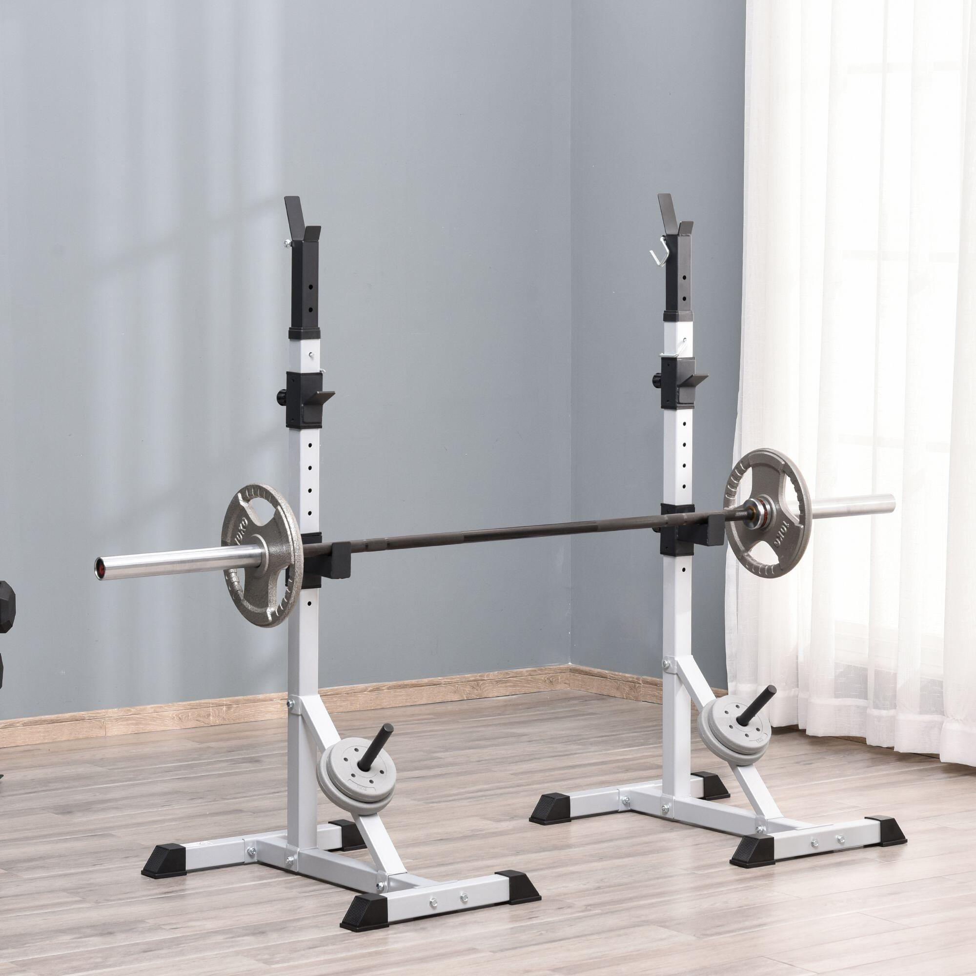 HOMCOM Set 2 Supporti Bilanciere in Acciaio con 3 Ganci e Altezza Regolabile 2/7