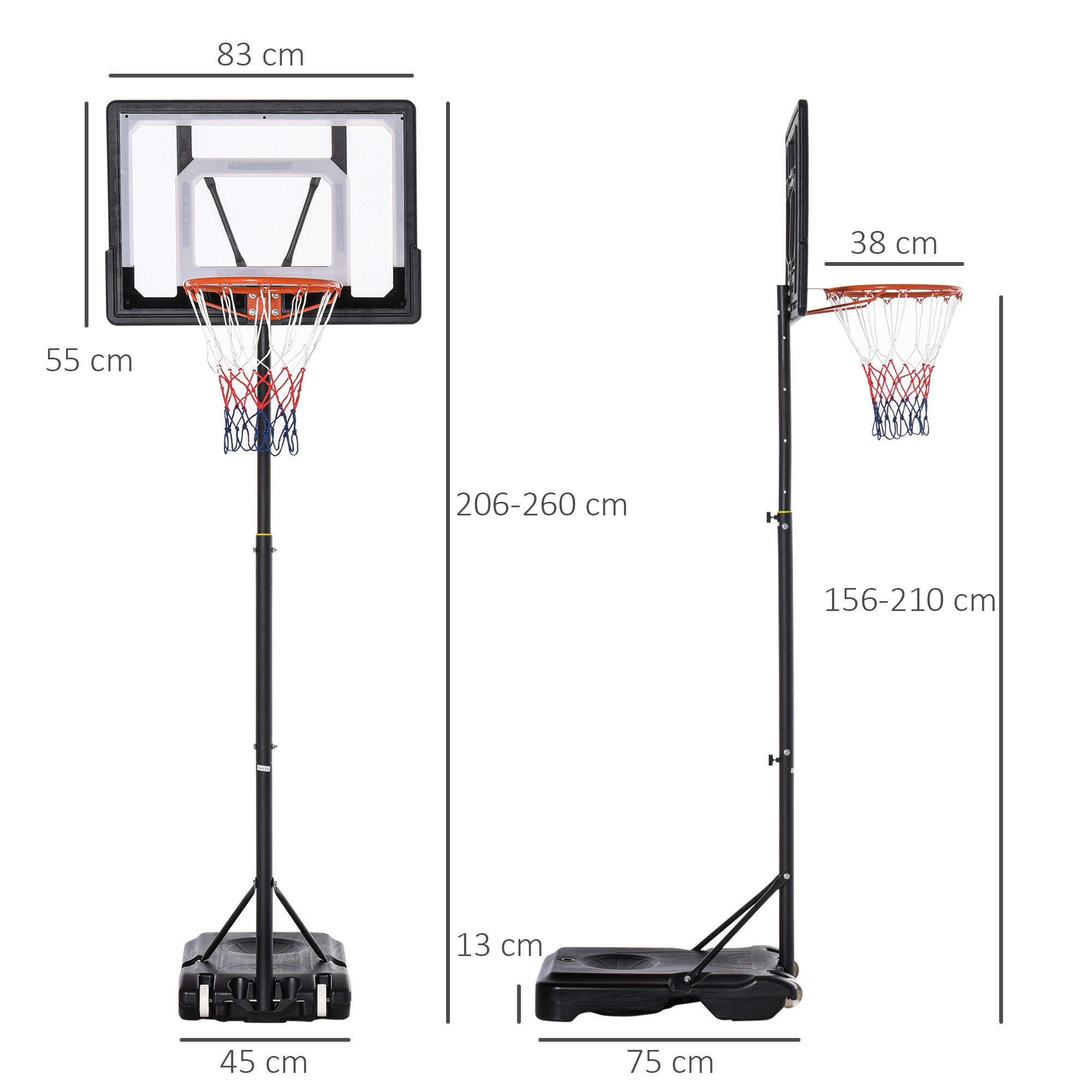 Tabela de basquetebol 83x55x206-260 cm preto HOMCOM 3/7