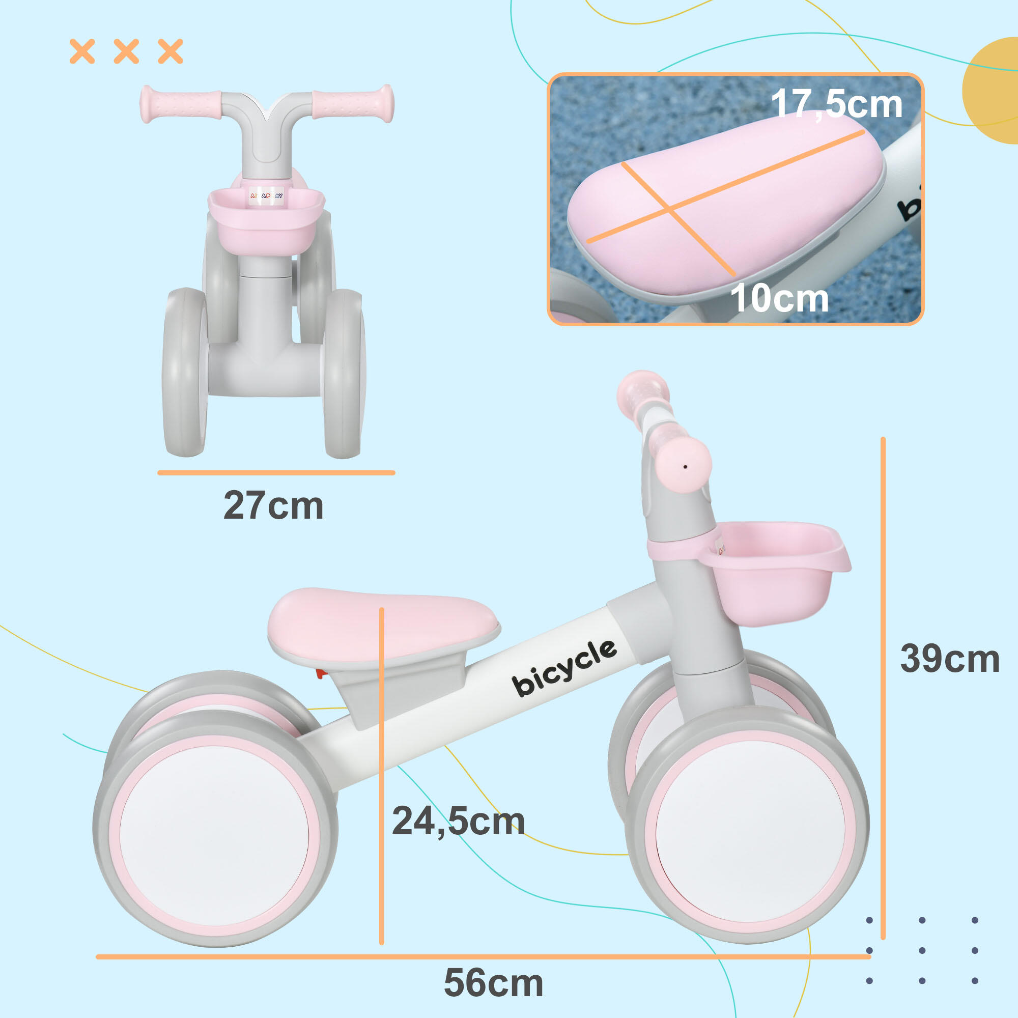 Bicicleta sem pedais 56x27x39 cm rosa AIYAPLAY 3/7