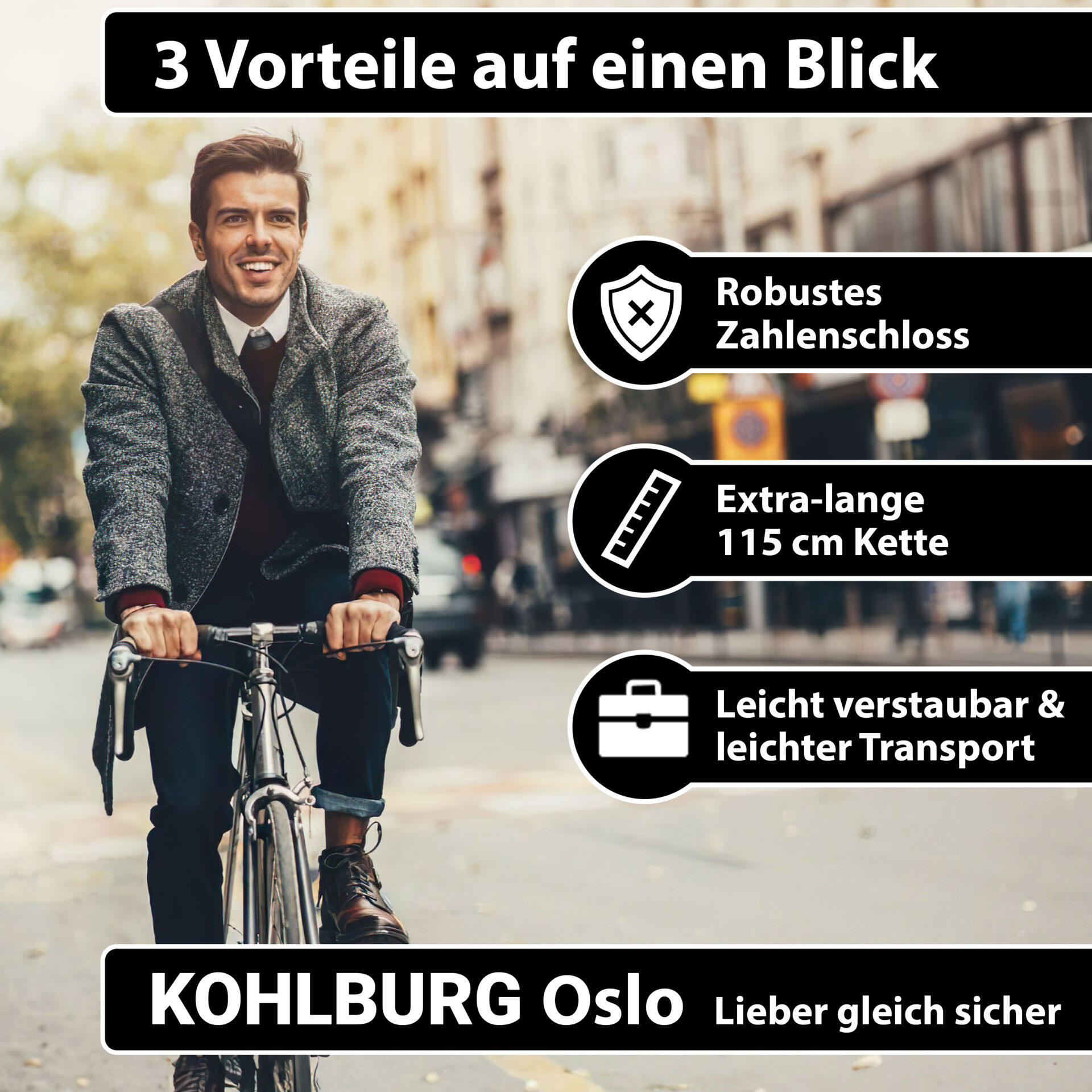 Langes Kettenschloss 115cm mit Zahlenkombination für E-Bike und Fahrrad 7/8