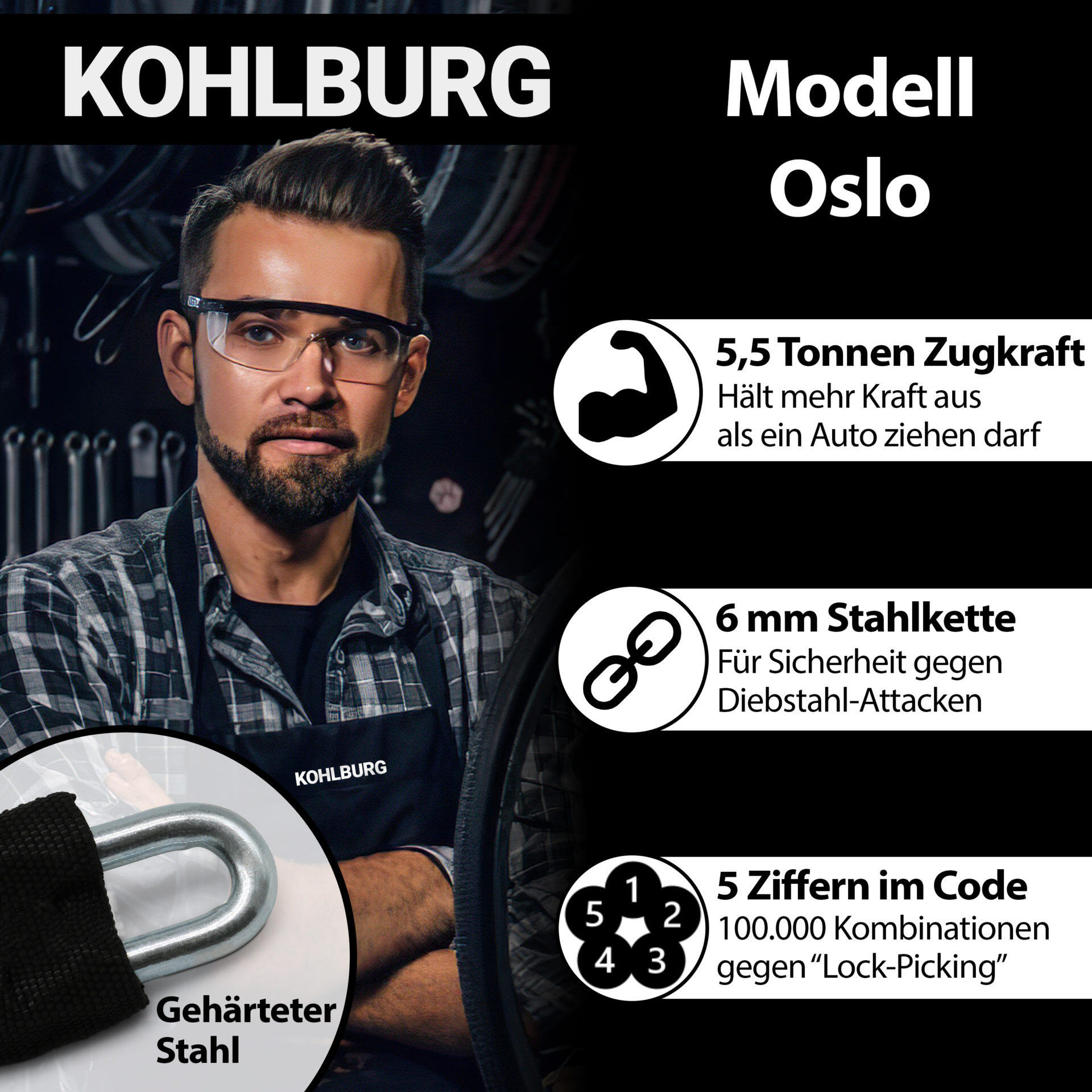 Langes Kettenschloss 115cm mit Zahlenkombination für E-Bike und Fahrrad 6/8