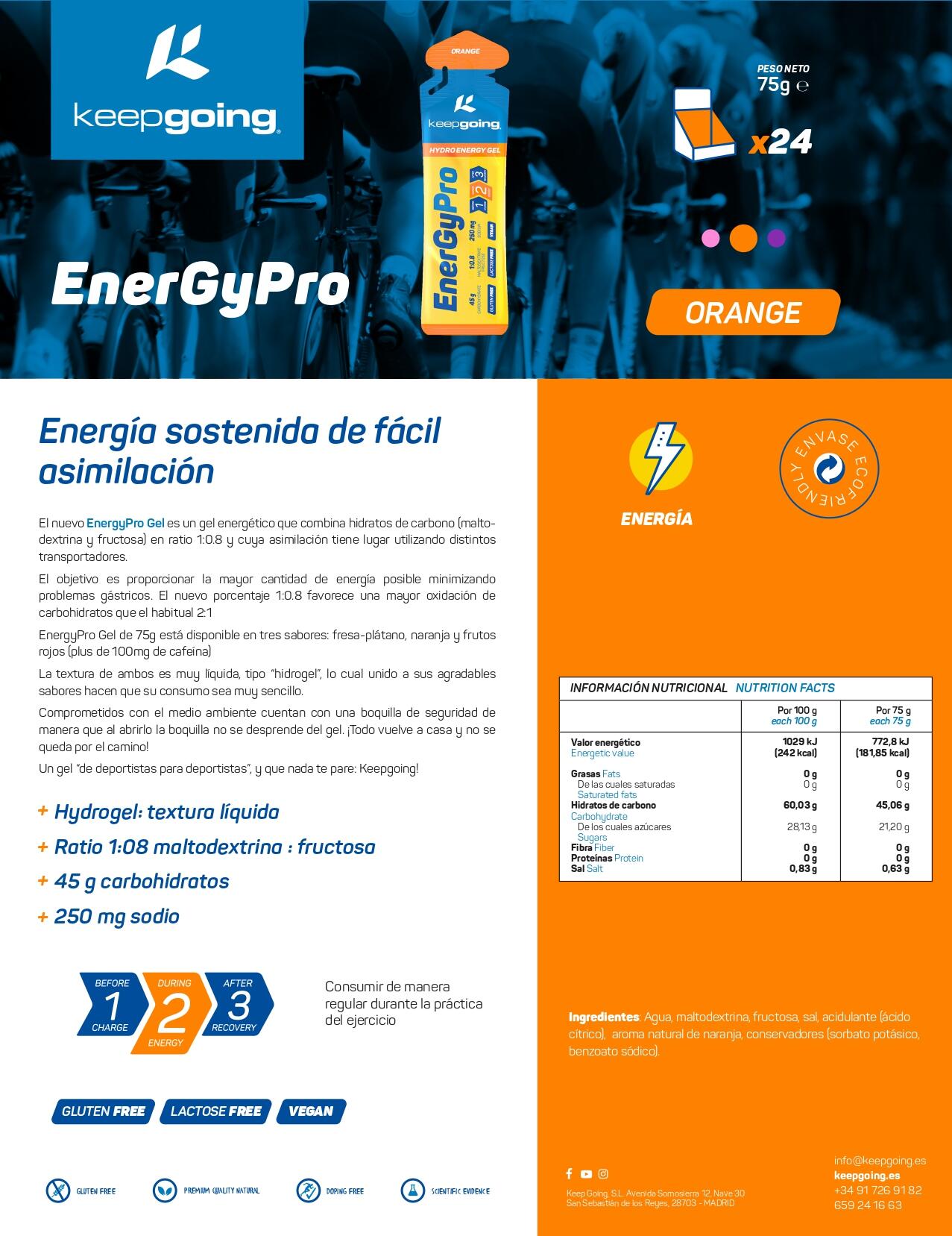 Gel Energético Energía Pro "EnergyPro Gel" Sabor Naranja 24 x 75g 4/5
