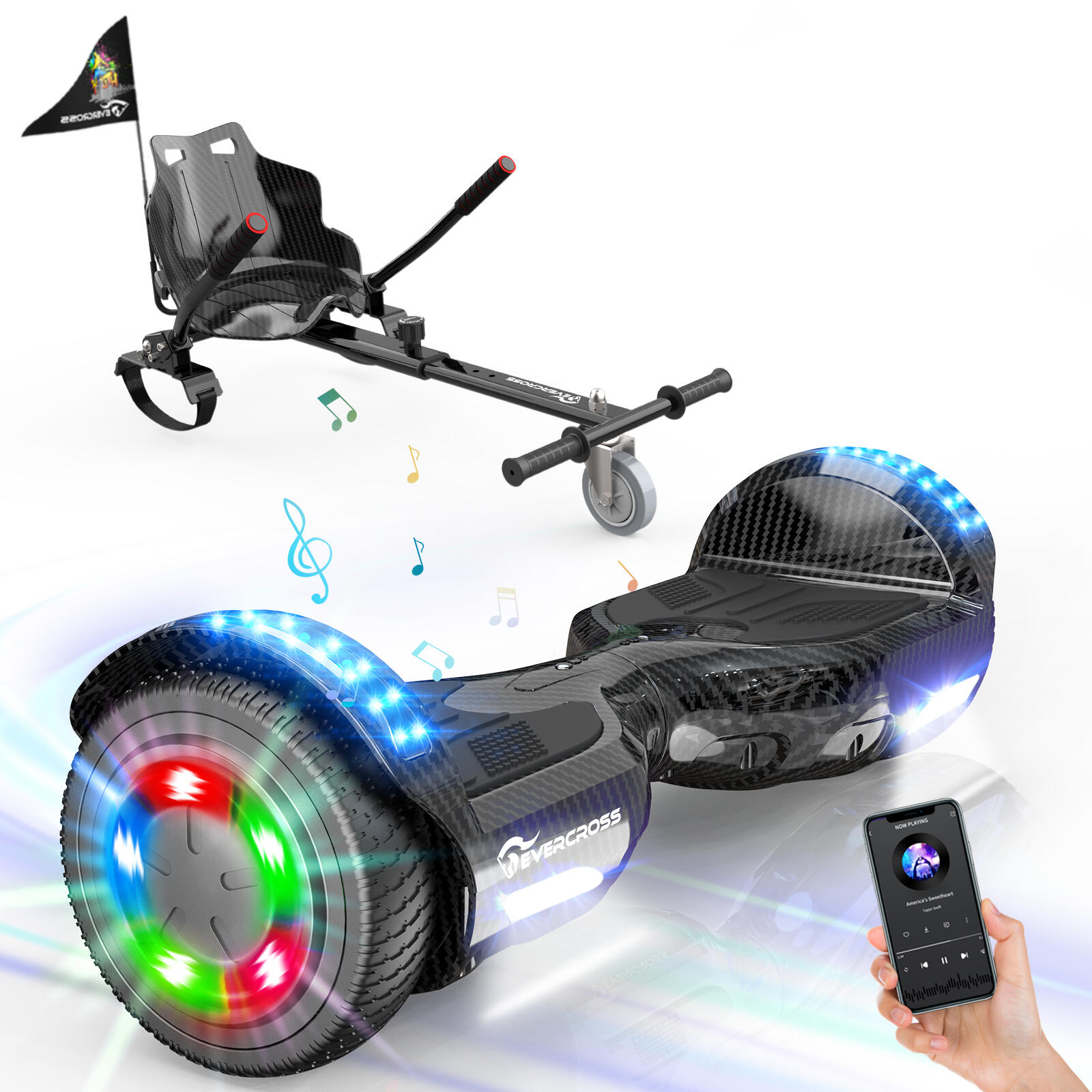 EVERCROSS Hoverboard con Sella 6,5" Musica Bluetooth e Luci LED-XP9 Nero