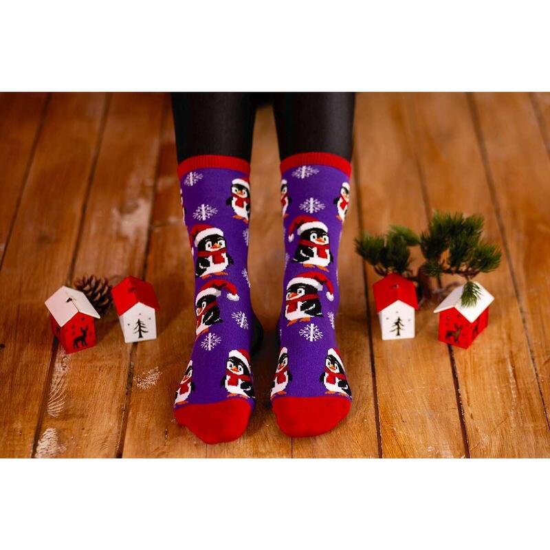 Sosete bumbac de craciun Colour Cotton Pinguin Fericit Violet