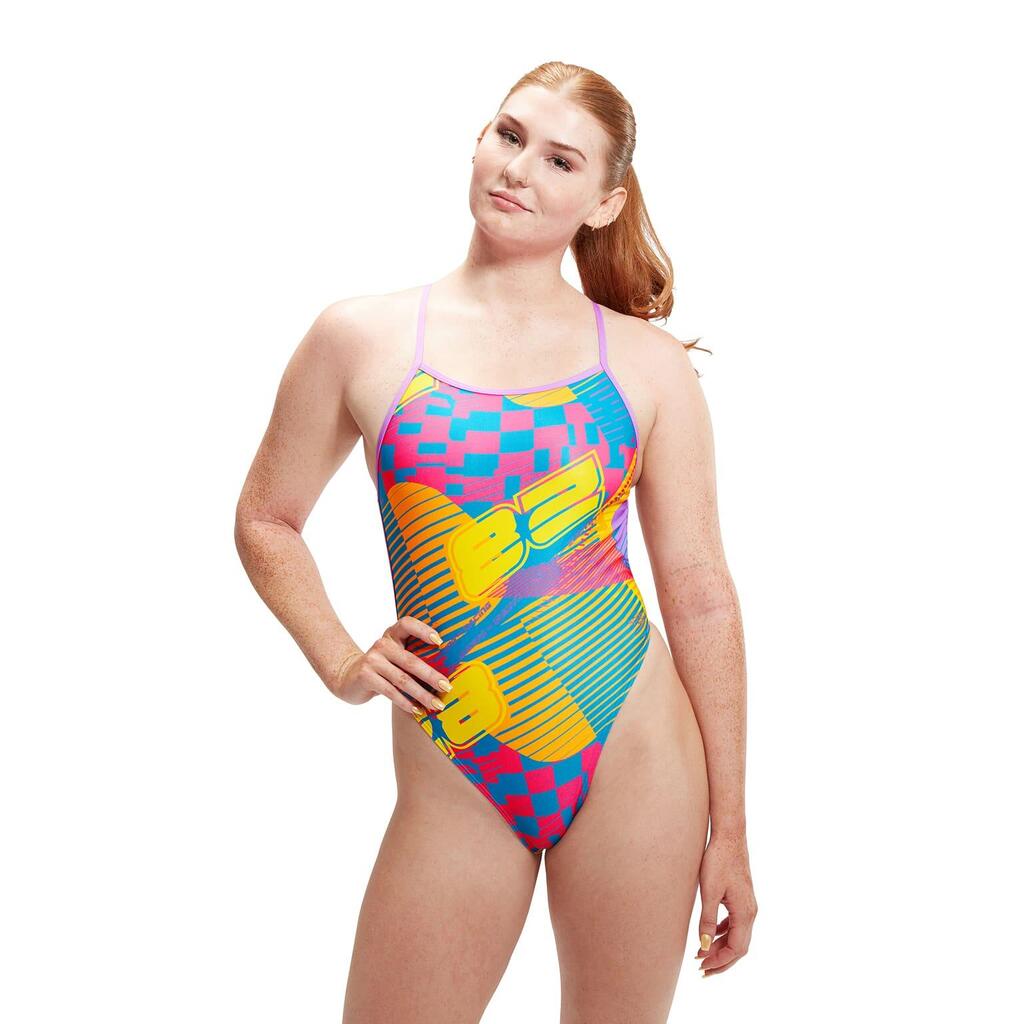 Speedo Allover Digital Vback Rally Car Rumble Swimsuit - Pink / Yellow