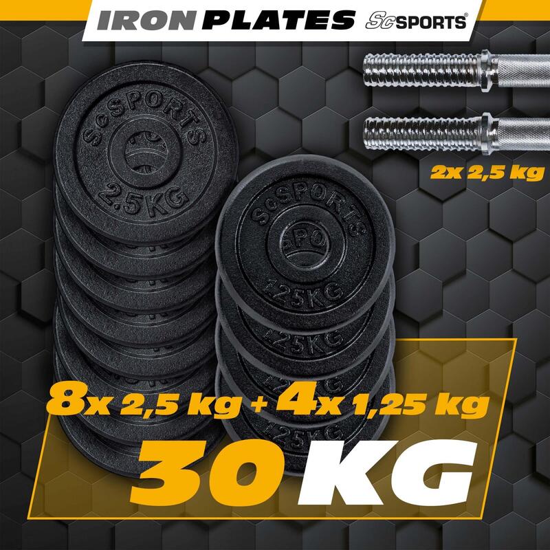Set 2 gantere 30 kg 30 mm 8 x 2.5 kg si 4 x 1.25 kg negru si argintiu