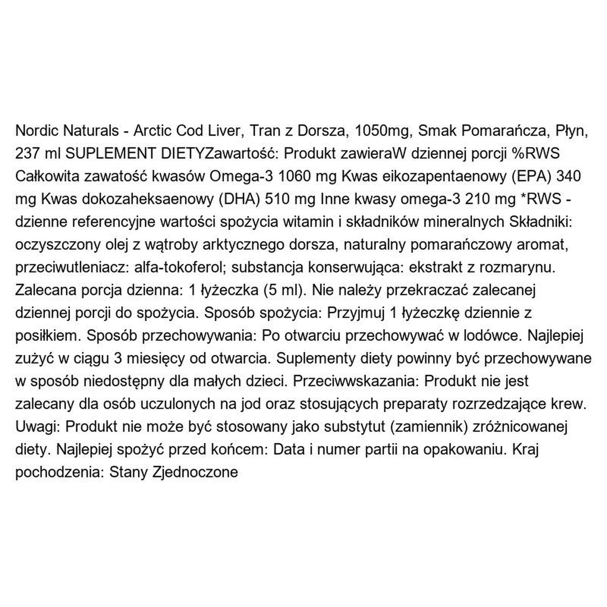 Arctic Cod Liver Tran Nordic Naturals 1050mg Omega Pomarańcza 237 ml