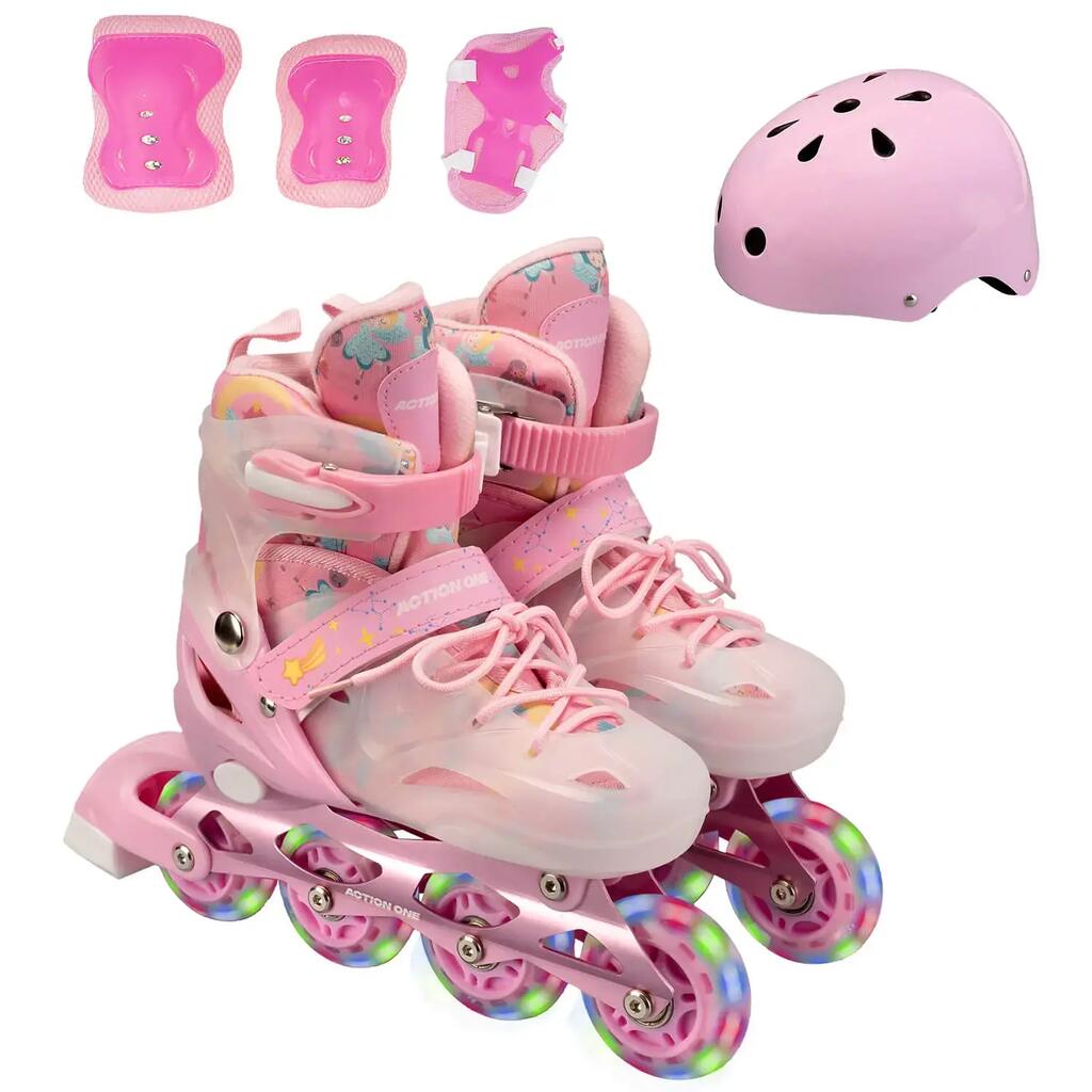 Комплект ролкови кънки Pink Unicorn, S (30-33), каска, протектори, розови
