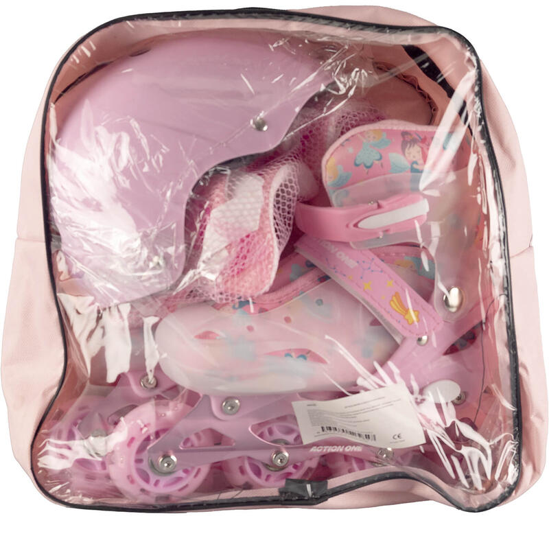 Set role Pink Unicorn, S (26-32), cu casca, protectii si geanta transport, roz