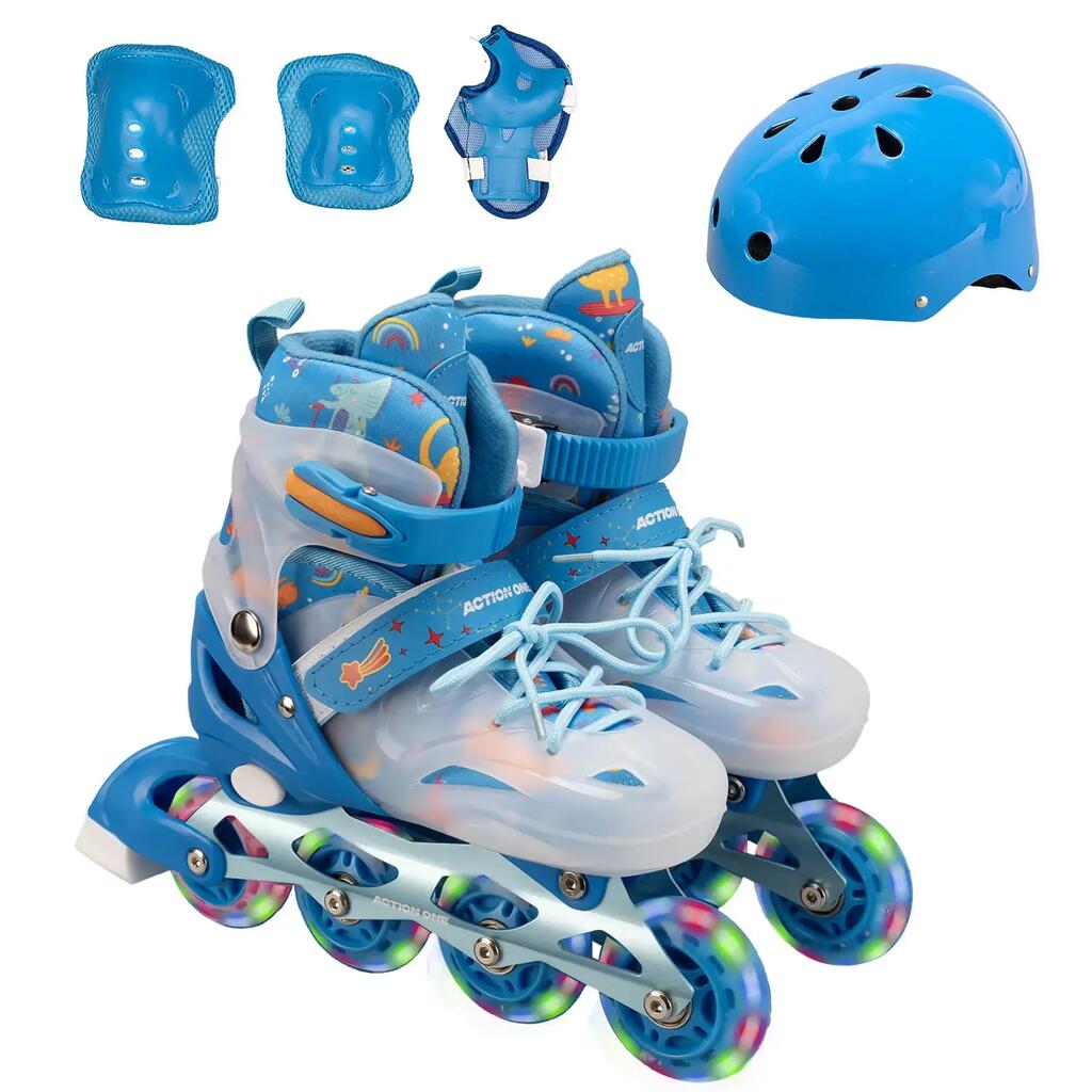 Комплект ролкови кънки Blue Dinosaur, M (34-37), каска, протектори, сини