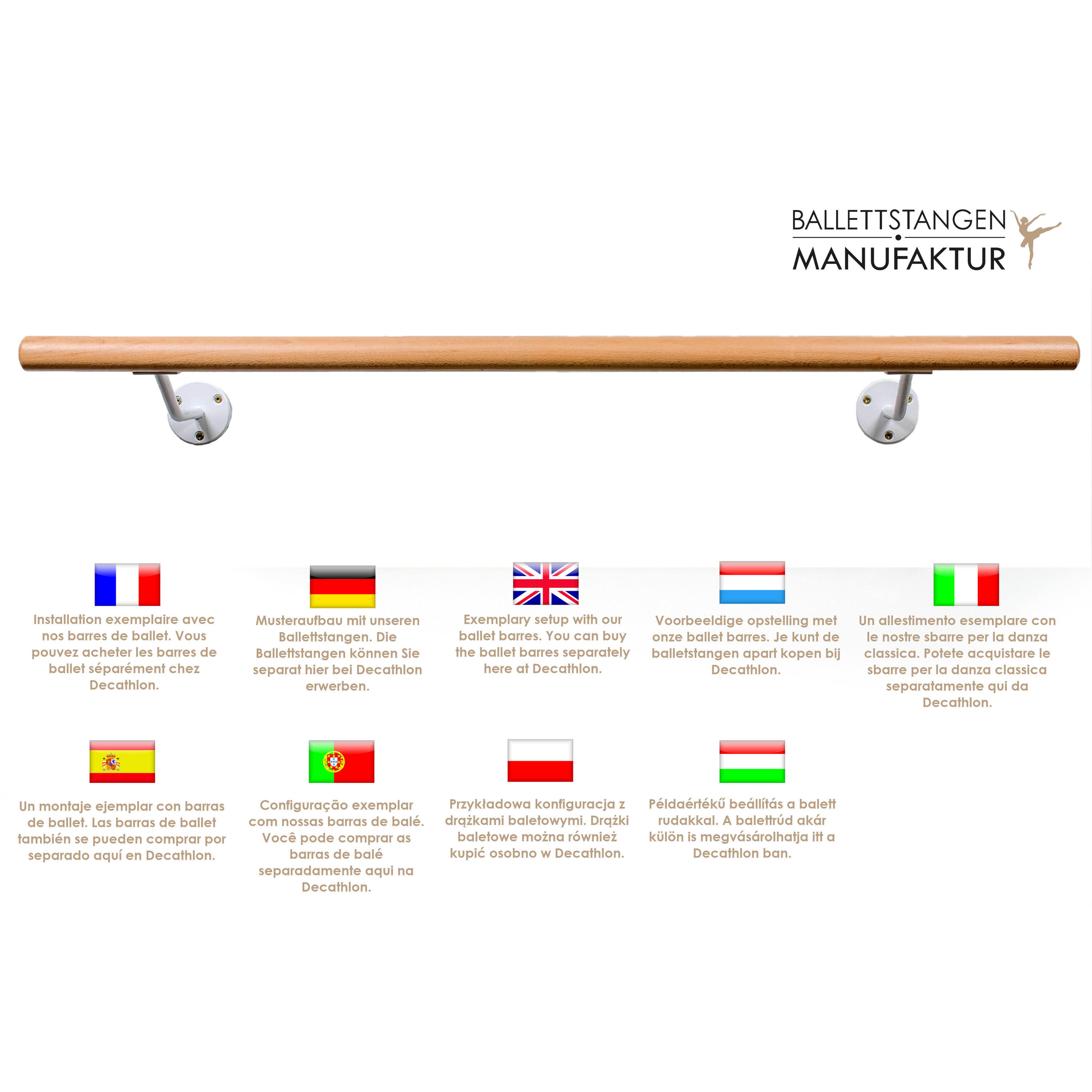 2 x Ballettstangenhalter STANDARD aus Stahl mit 200mm Wandabstand in weiss 3/5