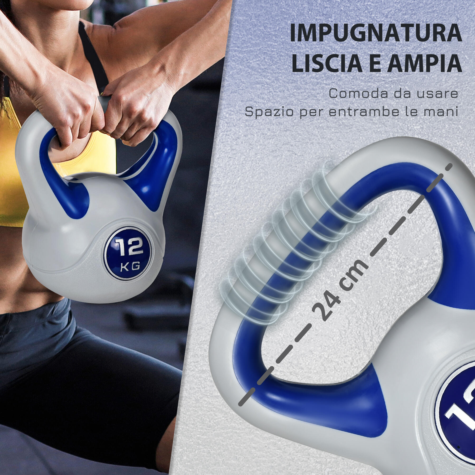 SPORTNOW Kettlebell 12kg in PU e Sabbia con Base Piatta e Impugnatura Blu 4/8
