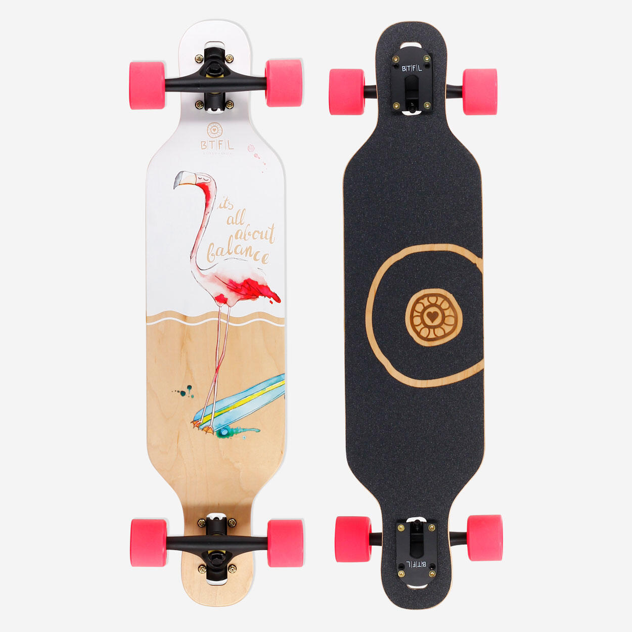 BTFL BTFL Tiffy - Longboard mit Flamingo für Kinder ab 5 Jahre - Komplett-Board