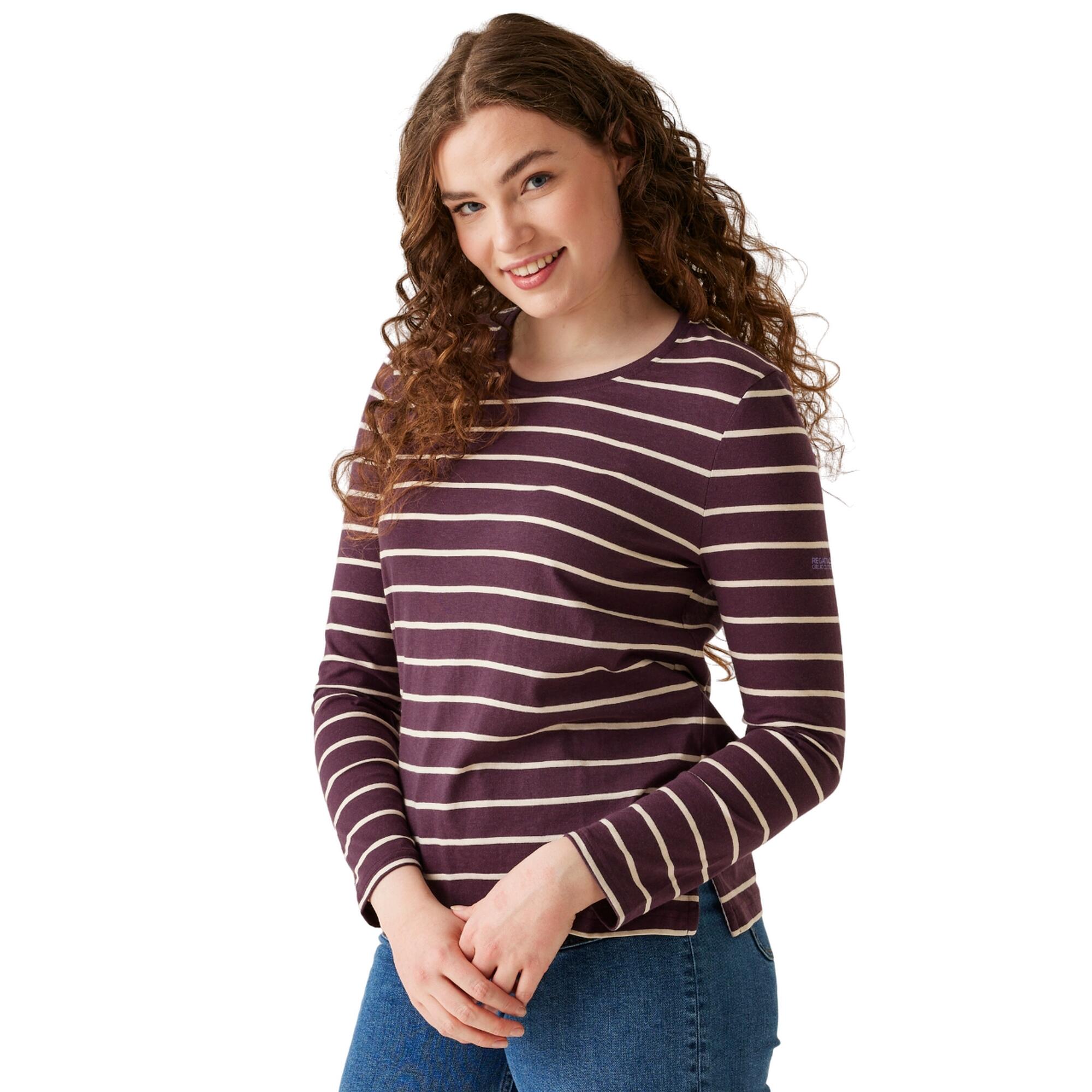 Dames Federica II Stripe Tshirt met lange mouwen (Diepe pruim/Lichte vanille) 4/5