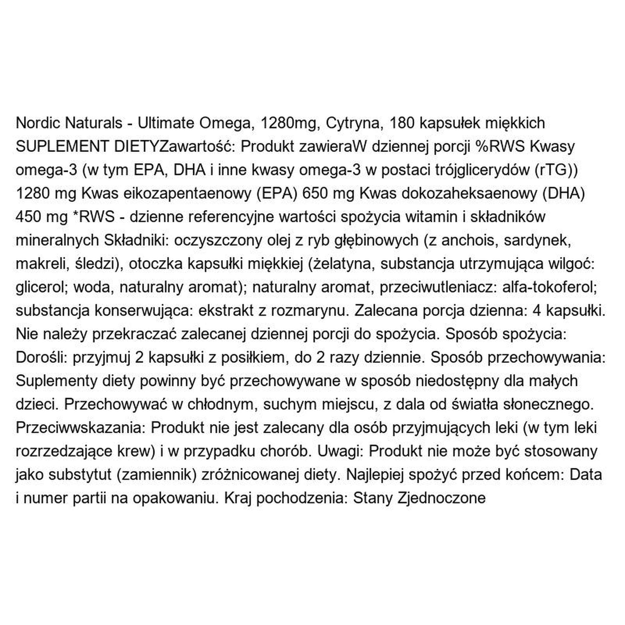 Ultimate Omega Nordic Naturals 1280mg Omega Cytryna 180 kapsułek