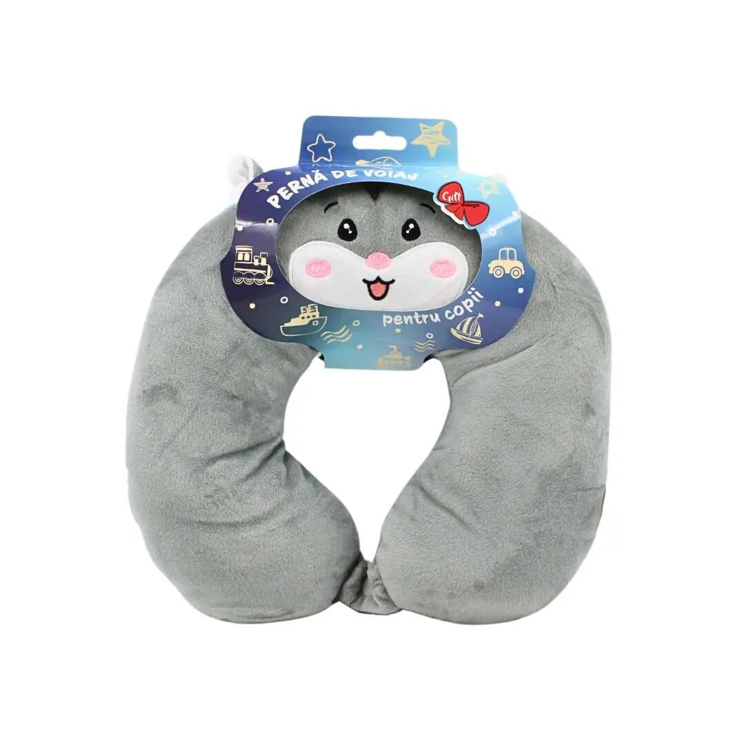 Pernă de călătorie, pentru copii, culoare gri, model hamster, 31x29x8 cm 3/4