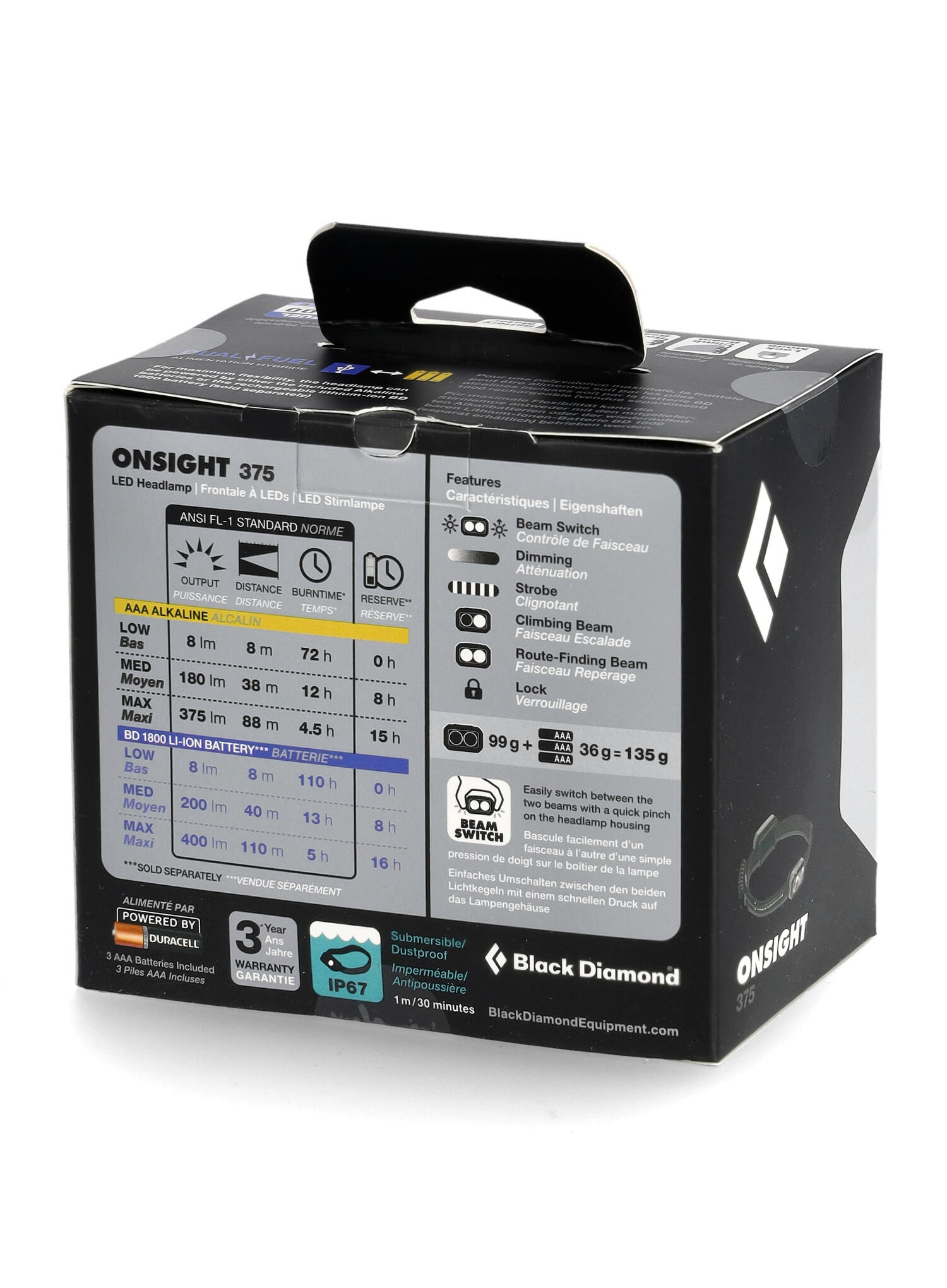 Lampe frontale Black Diamond Onsight 375 lm Dual‑Fuel IP67 pivotante 7/7