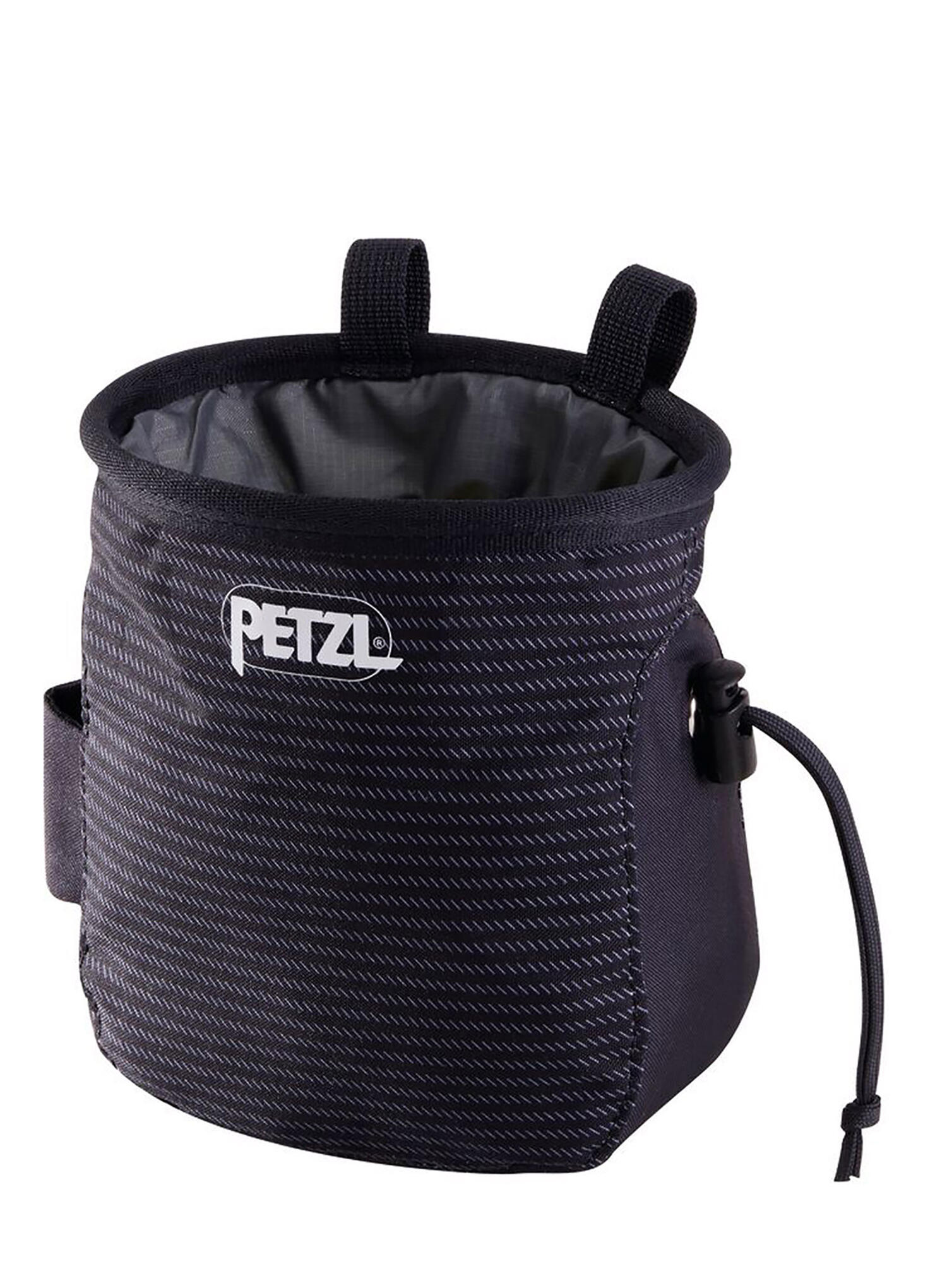 Sac à magnésie Petzl Saka rayé noir léger résistant cordon et anneau d'attache 2/2