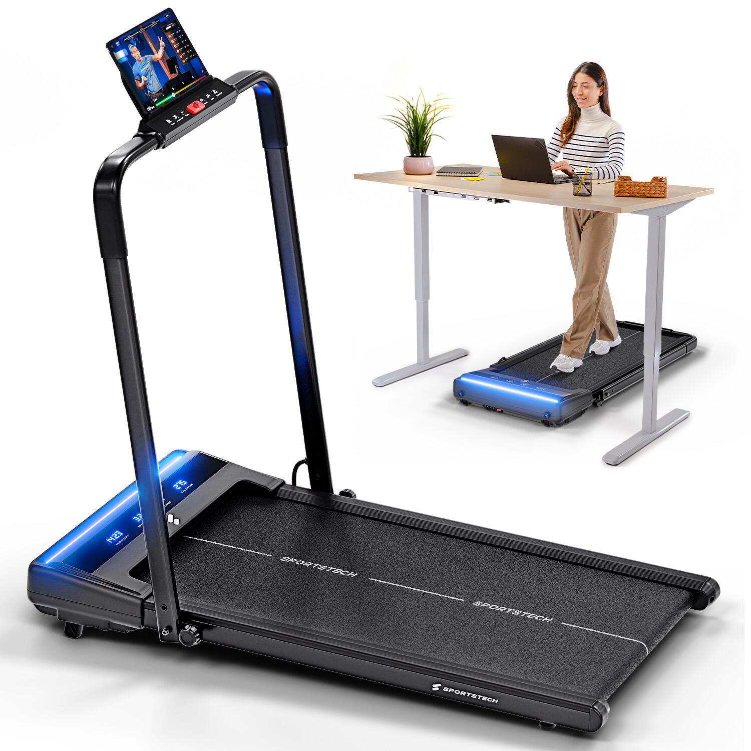 Sportstech tapis de course 2en1 sWalk Lite Plus, Walking Pad peu encombrant, avec inclinaison manuelle, jusqu'à 6 km/h, treadmill jusqu'à 12 km/h, compatible app, télécommande, compact, LED, idéal pour la maison