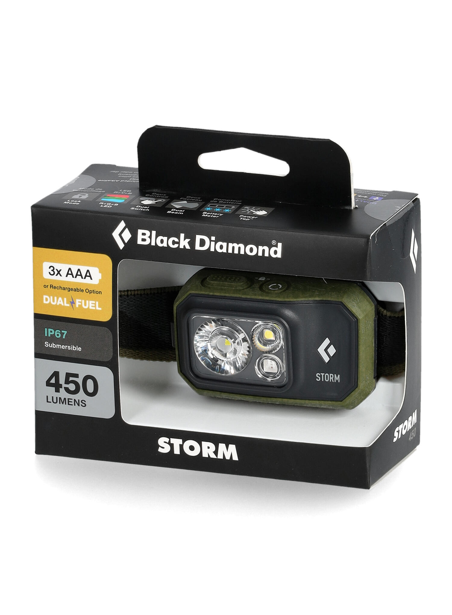Lampe frontale Black Diamond Storm 450 Dark Olive 450 lm Dual‑Fuel IP67 PowerTap 6/7