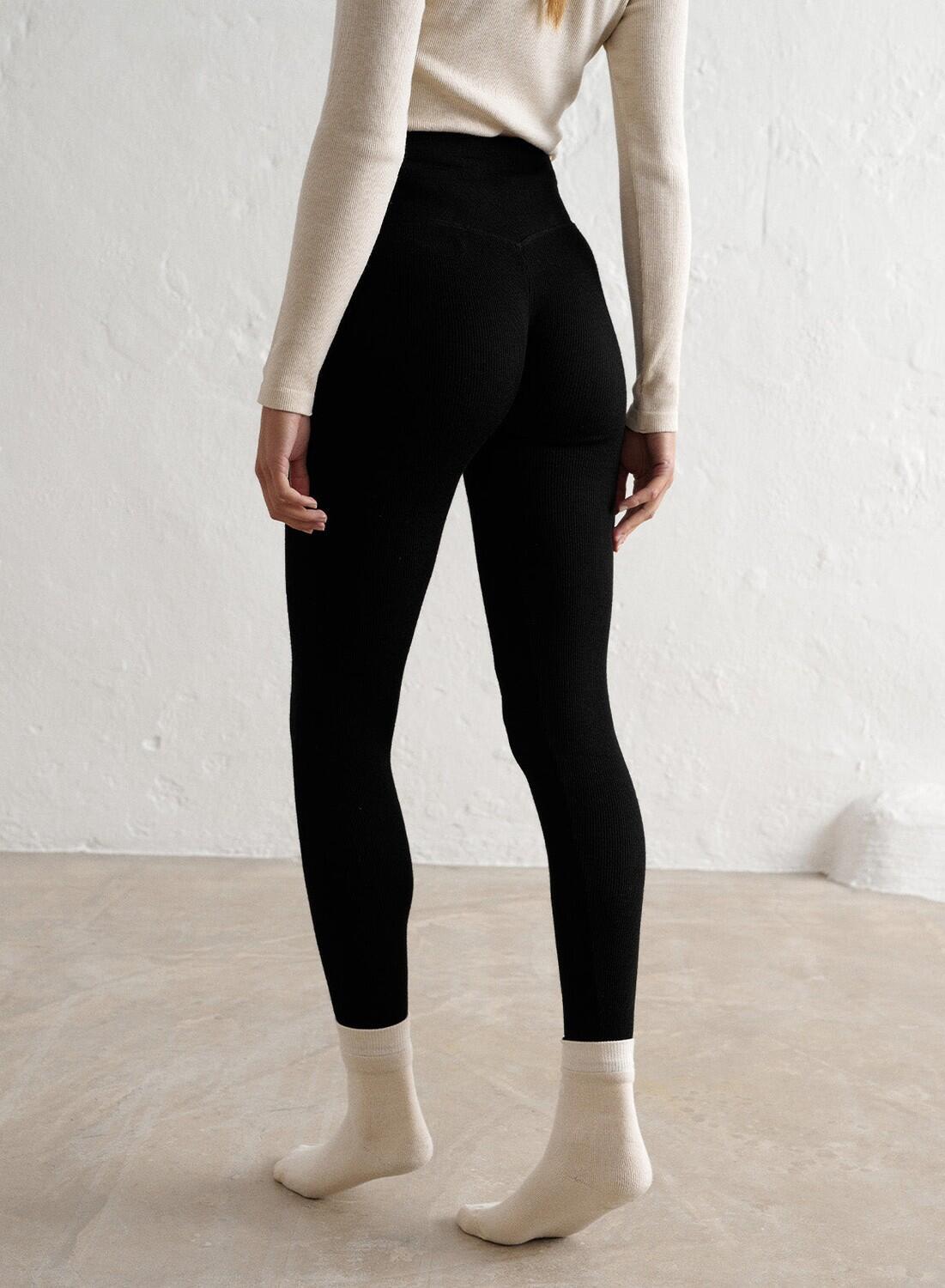 Femme Legging Laine Côtelée Taille Haute Noir 2/6