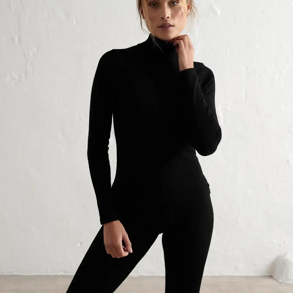 Women's Long Sleeve Top Ribbed Wool-Blend Half Zip Black