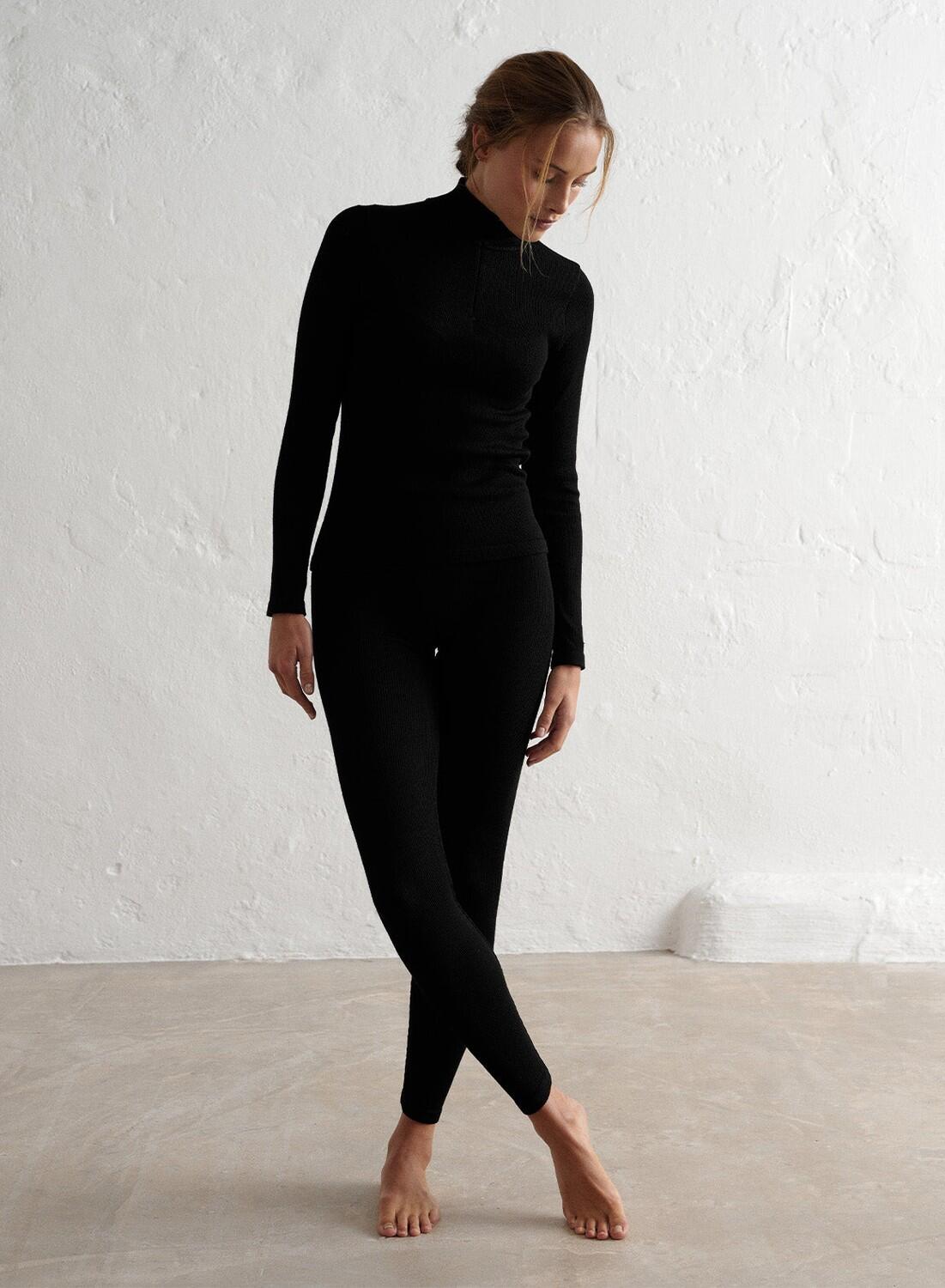 Femme Haut en laine à Manches Longues Demi-zip Thermorégulateur Noir 4/6