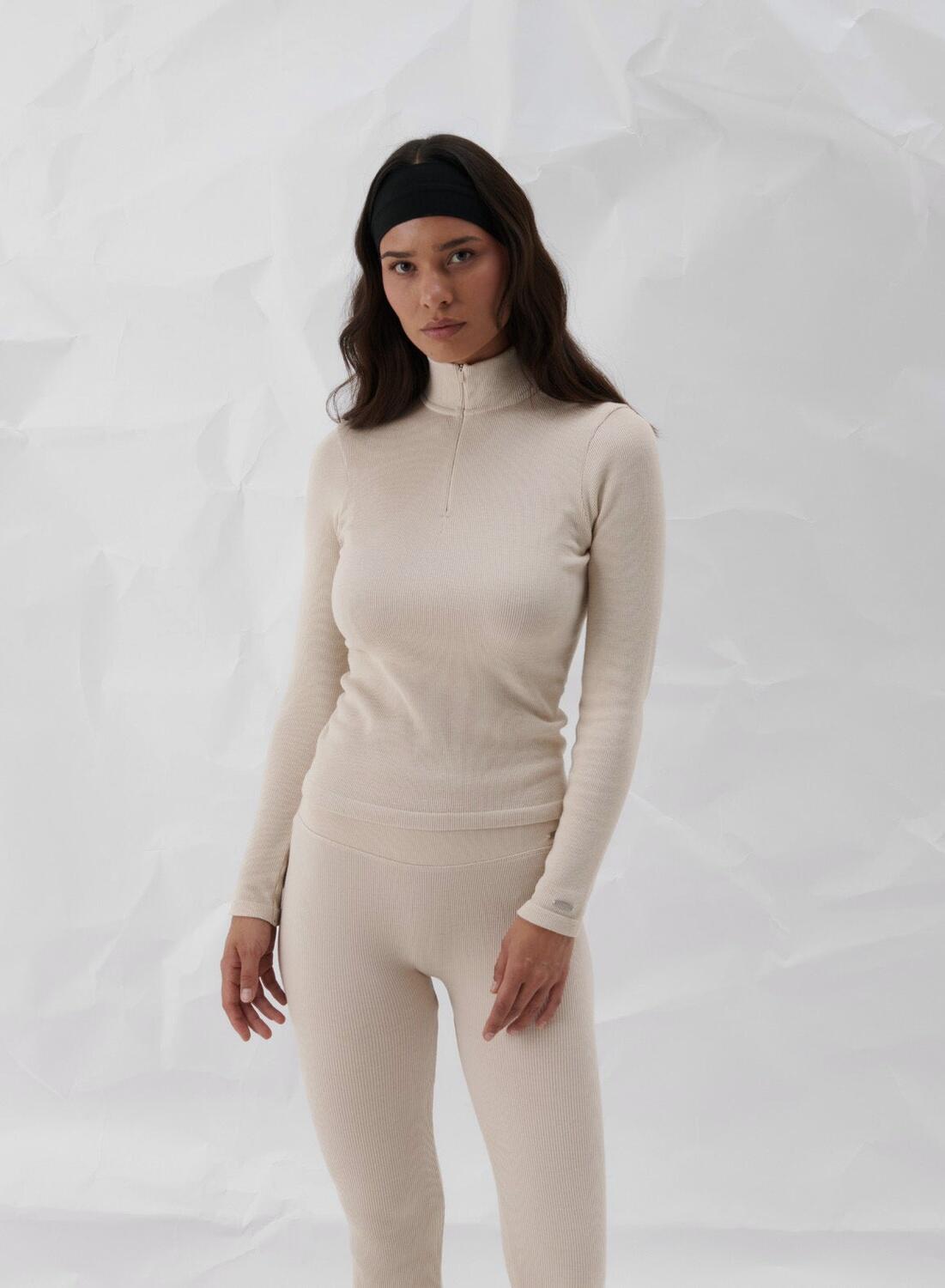 Damen Langarm-Top aus Wolle Halbreißverschluss Temperaturregulierend Creme 5/6