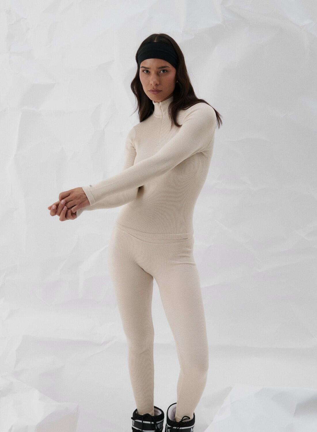 Damen Langarm-Top aus Wolle Halbreißverschluss Temperaturregulierend Creme 6/6