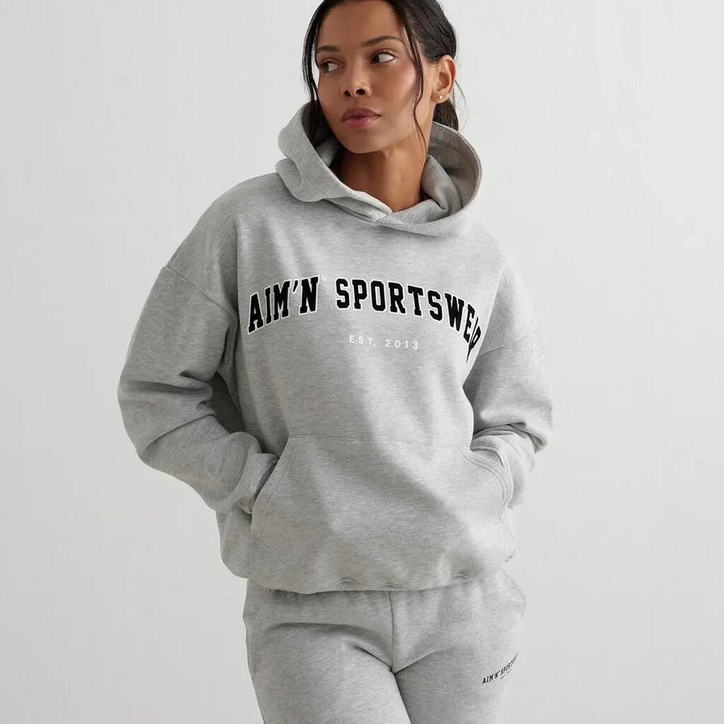 Women's Hoodie Brushed Fleece Relaxed Fit Varsity Sweat Hood Grey Melange