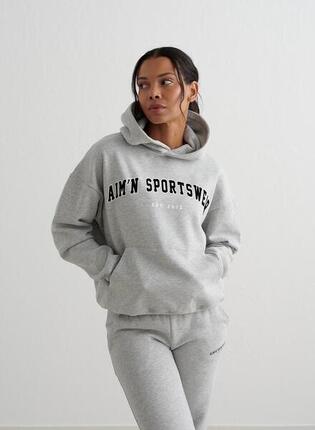 Damska bluza z kapturem, drapany polar, luźny Varsity Sweat Hood szary melanż