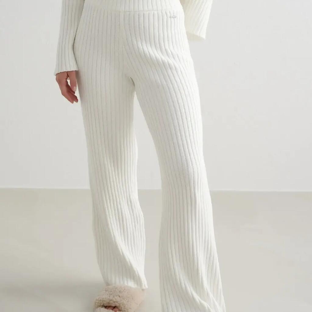 Women's Pants Rib Knit Relaxed Wide-Leg Almond White