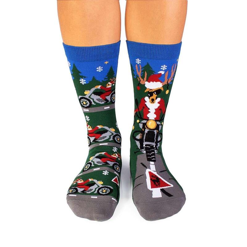 Sosete din bumbac de Craciun Arty Socks Cerb Motociclist Verde inchis