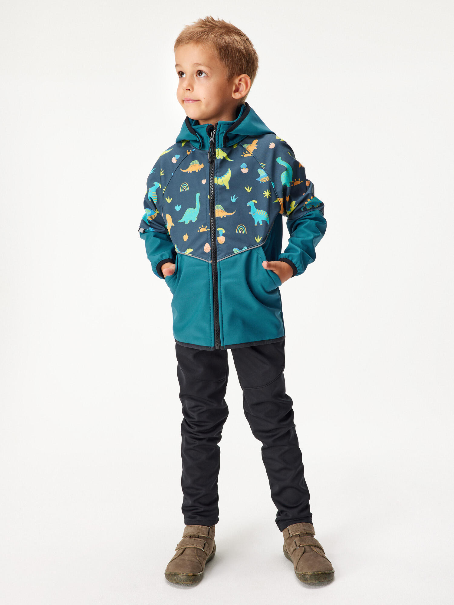 Softshell-Jacke mit Fleece für Kinder Slim, Kobalt, Dinosaurier 4/6