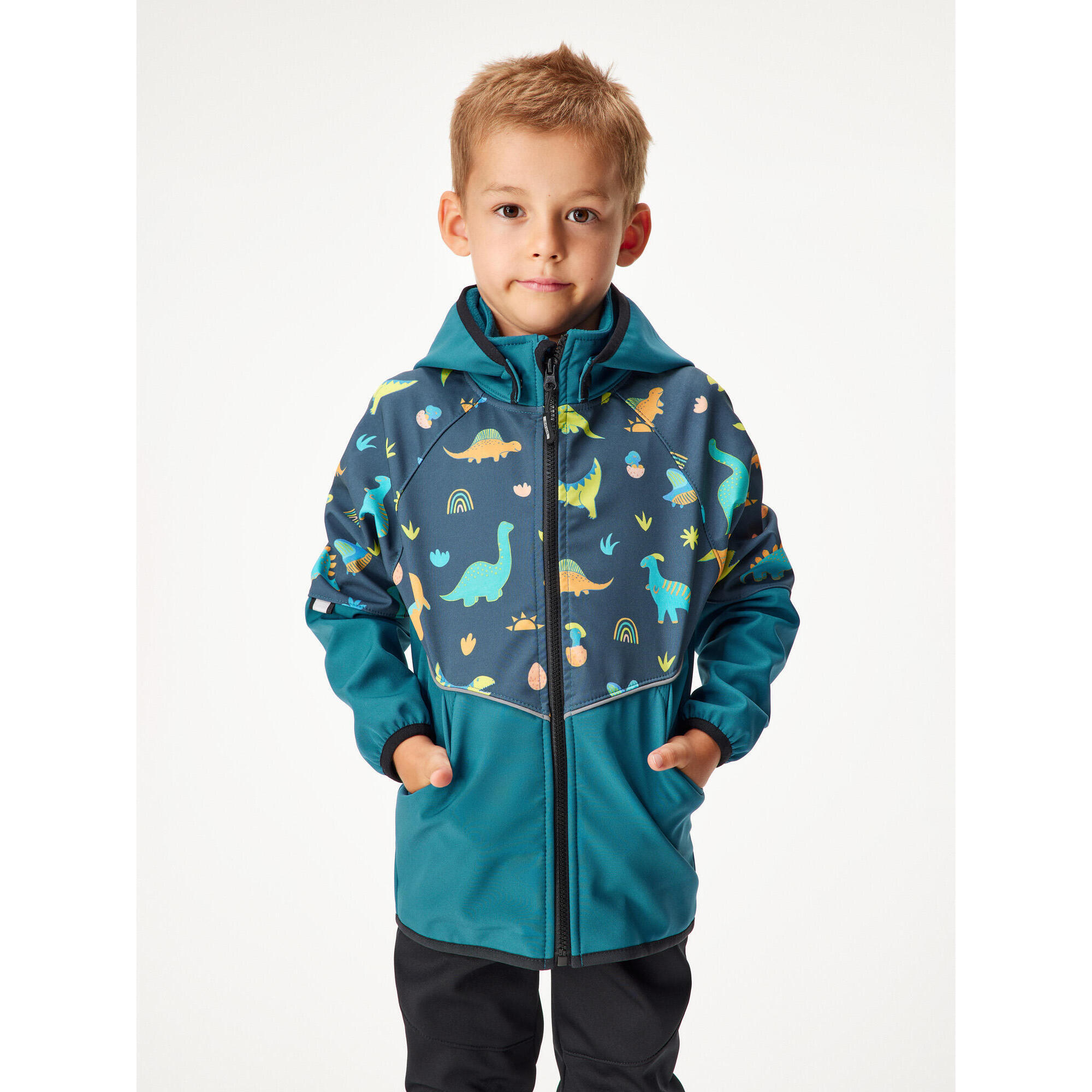 UNUO Dětská softshellová bunda s fleecem Slim, Kobaltová, Dinosauři