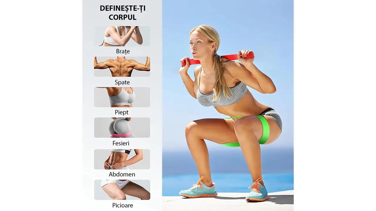 Set 5 benzi elastice din latex pentru fitness, 5 niveluri de dificultate 4/7
