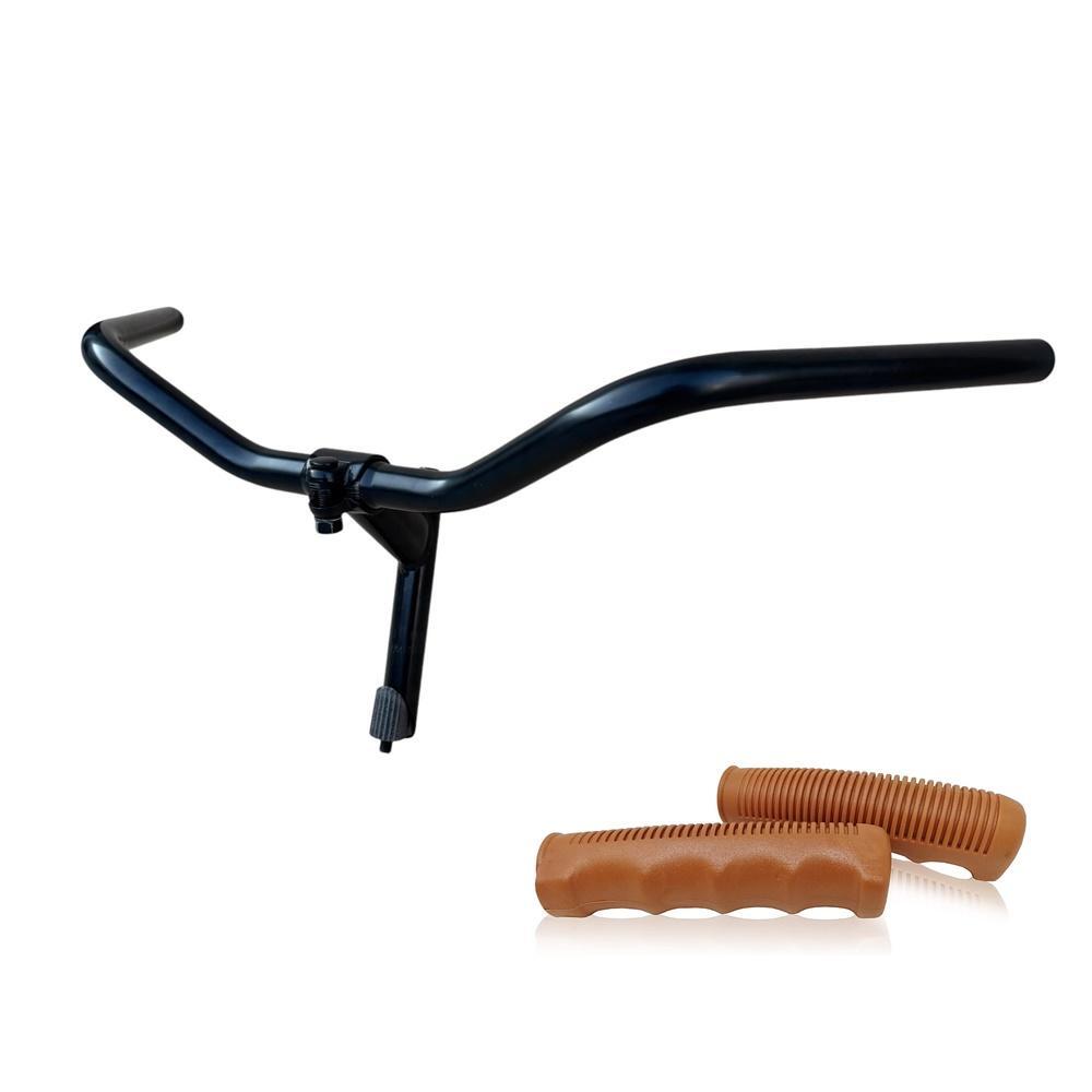 MADICKS MANUBRIO BICI ACCIAIO NERO BICICLETTA 600L CITY BIKE + COPPIA MANOPOLE MARRONI