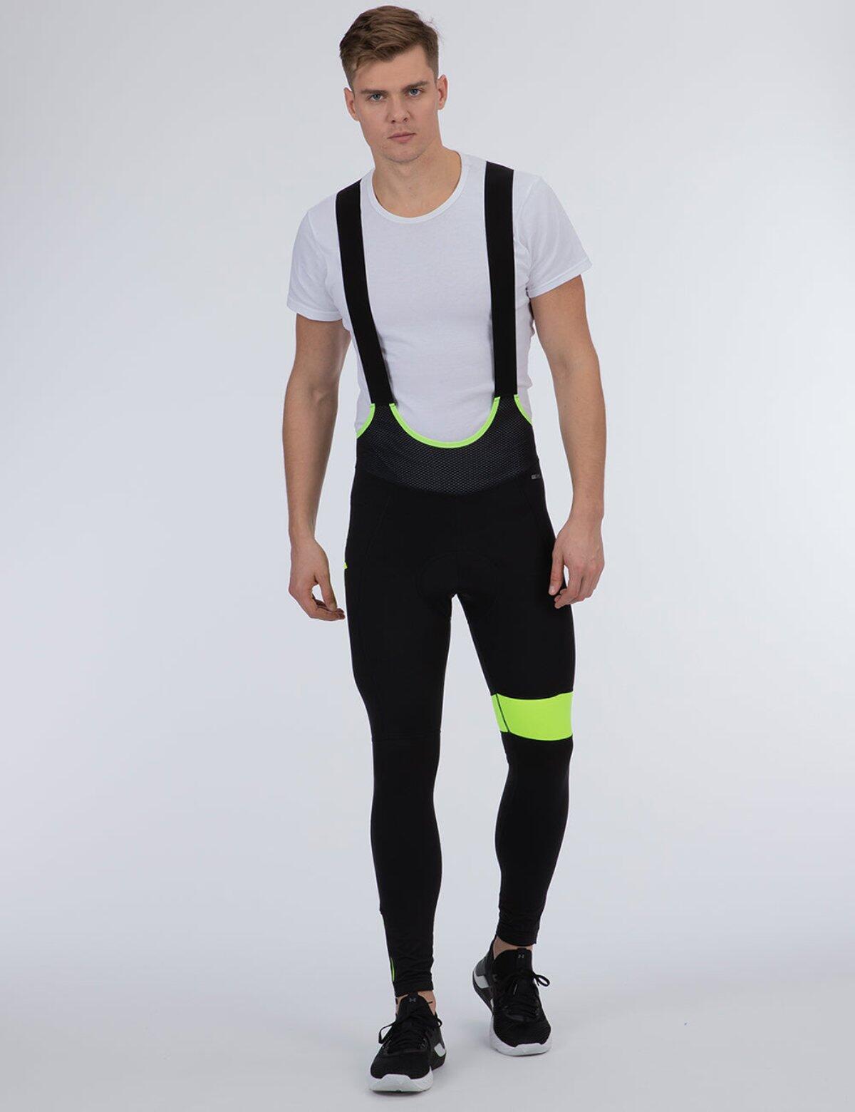 Herren Winter Thermal Fahrradhose Lang Trägerhose Pro Team II Schwarz-Neon