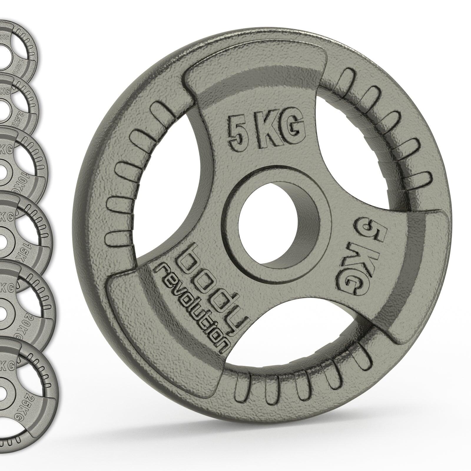 Body Revolution - Paires De Disques De Poids Olympiques En Fonte Tri Grip, 2 X 5 Kg - Poids De Musculation - Gris - 5 Kg - Decathlon