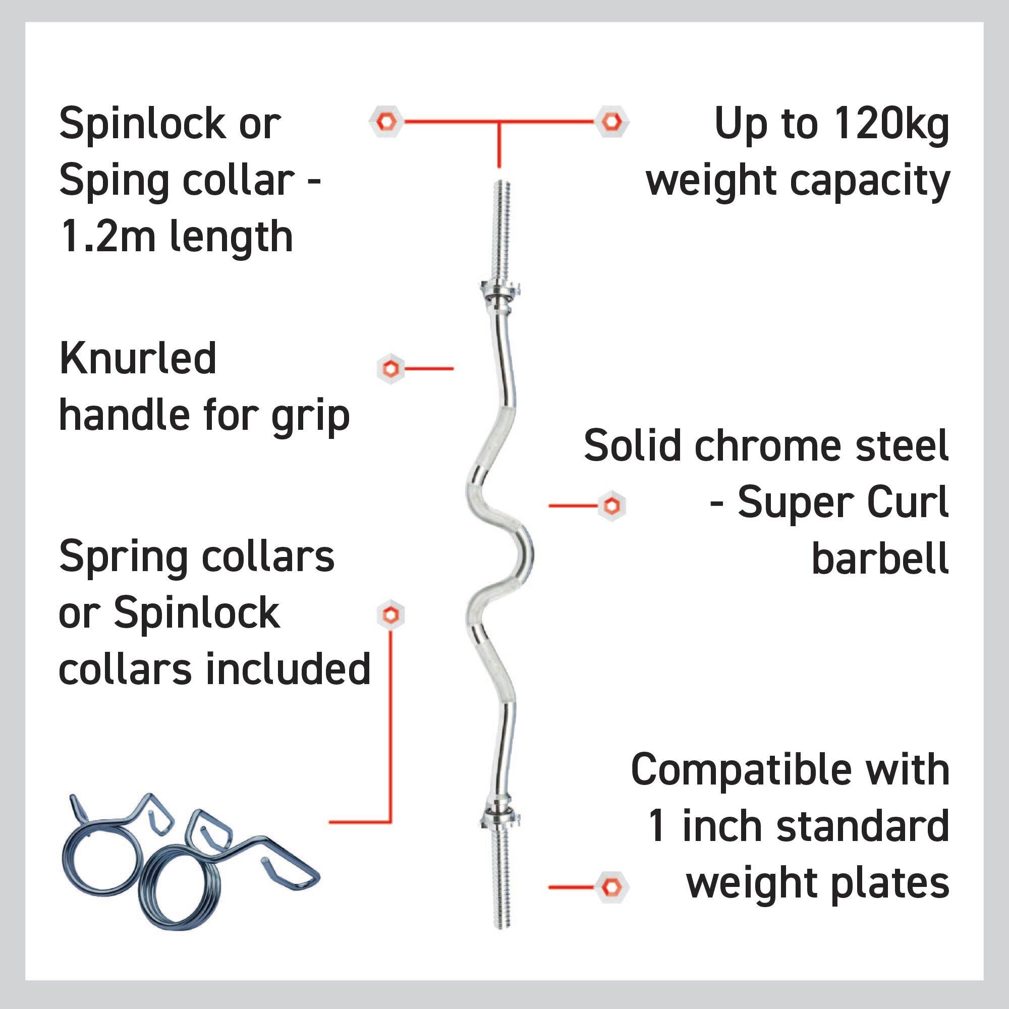Body Revolution EZ 1" Super Curl Barbell Bar 1.2m Spinlock Collar 3/6
