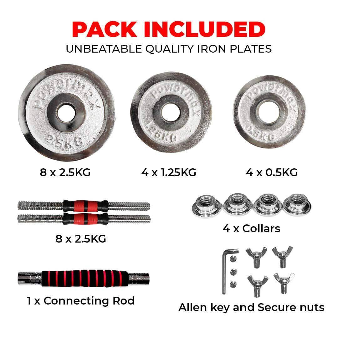 PowerMax Fitness Adjustable Dumbbell Set - Coated Iron Dumbbell and Anti-Slip Rod Set For Home Workout with Carry Case, Chrome, 30kg (Model Number: PDS-30C) -  3