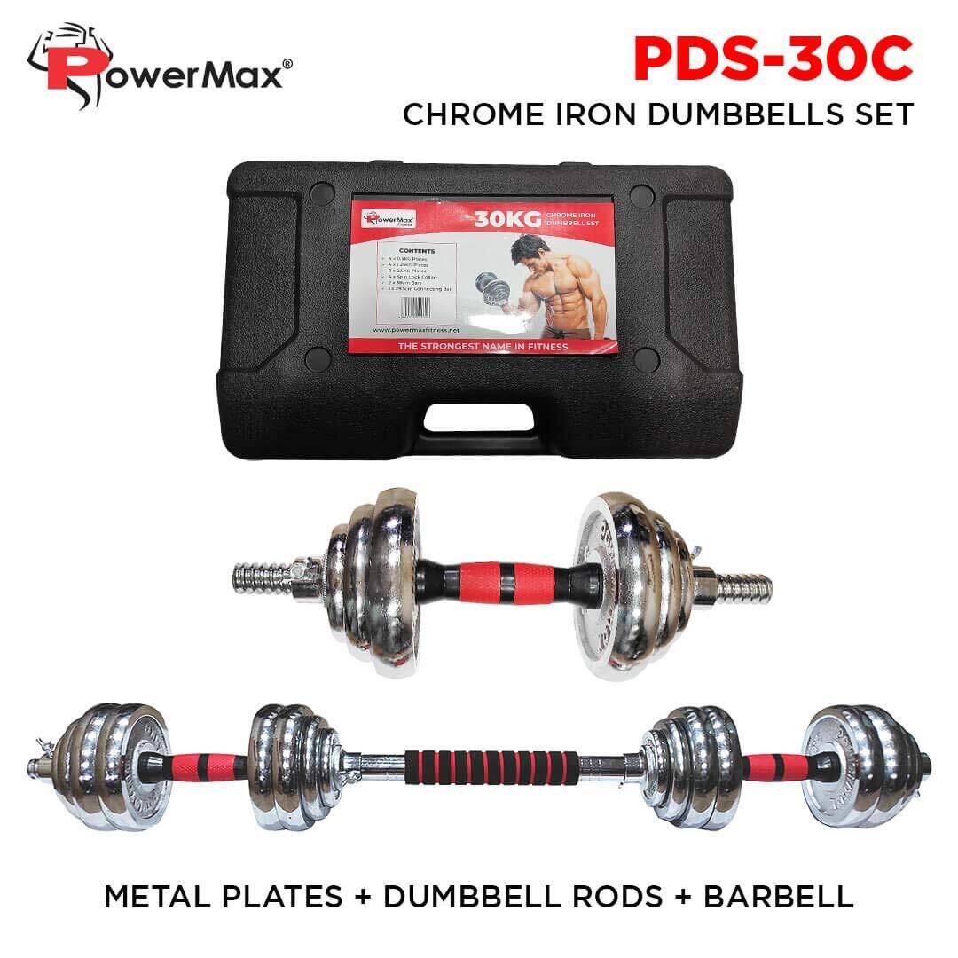 PowerMax Fitness Adjustable Dumbbell Set - Coated Iron Dumbbell and Anti-Slip Rod Set For Home Workout with Carry Case, Chrome, 30kg (Model Number: PDS-30C) -  2